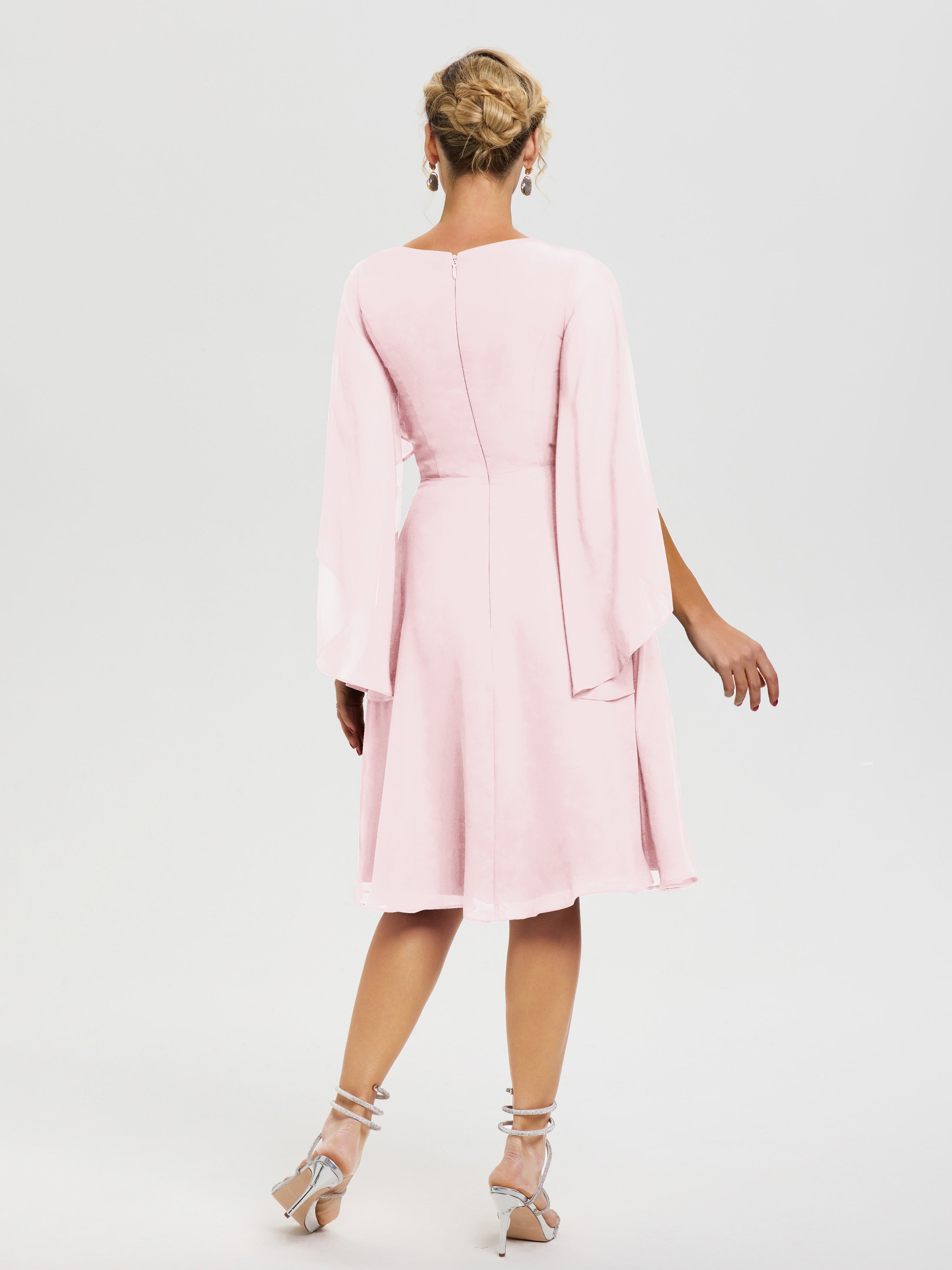 Robe Pour La Mère Du Marié Rose Pale Manches Asymétrique Col V Mousseline Robe Mère Marié