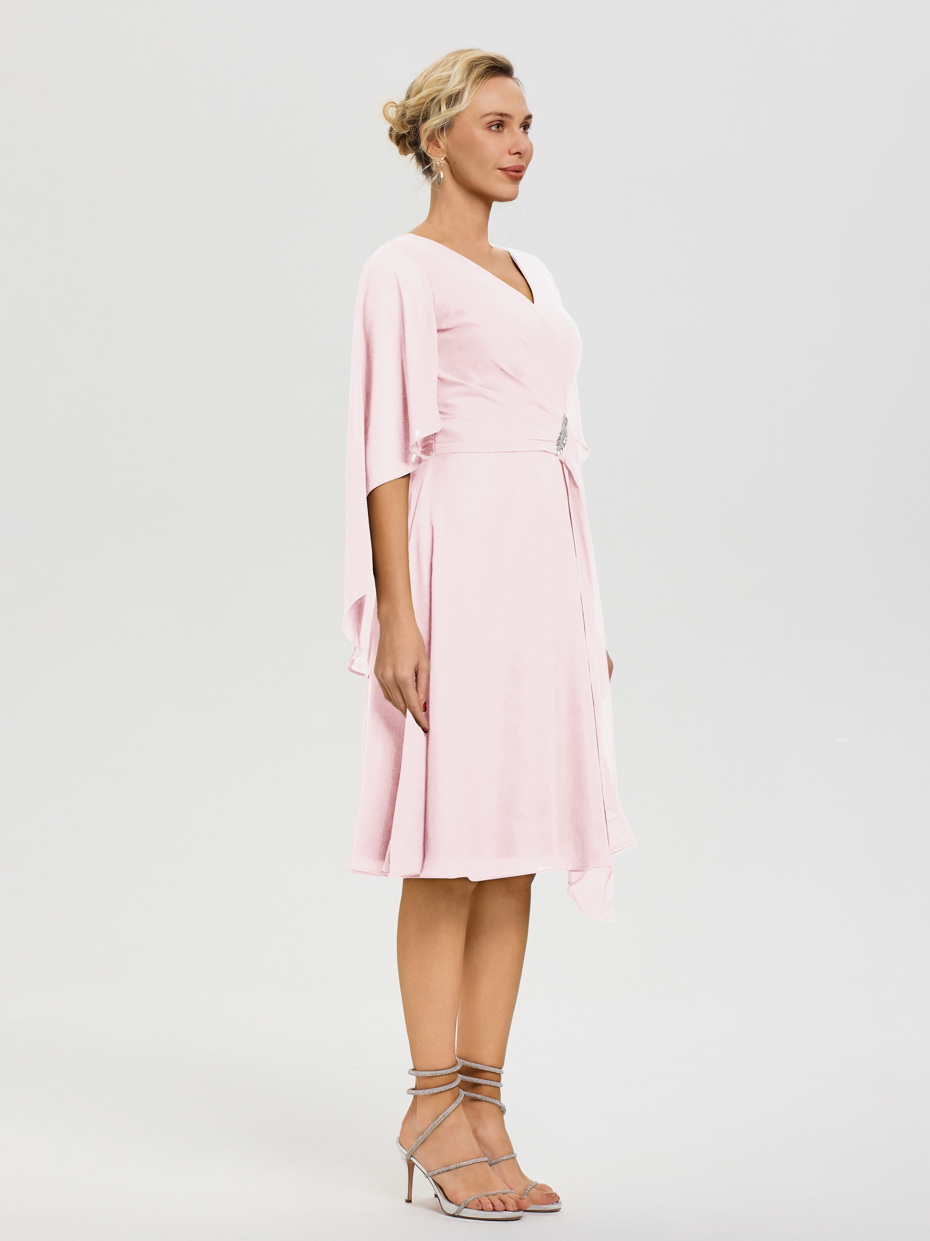 Robe Pour La Mère Du Marié Rose Pale Manches Asymétrique Col V Mousseline Robe Mère Marié