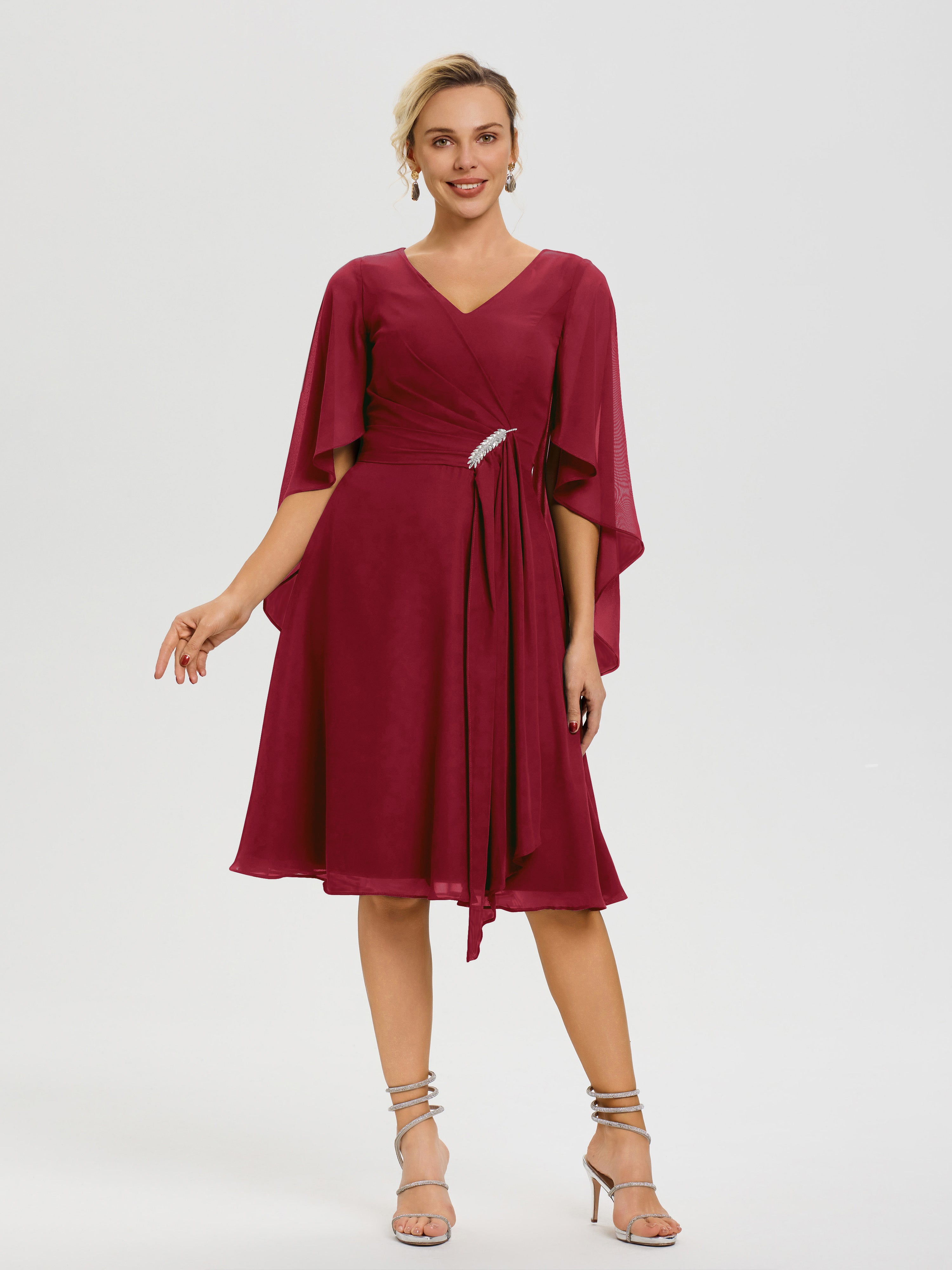 Robe Mere Mariee Bordeaux Manches Asymétrique Col V Mousseline Robe Mère Marié