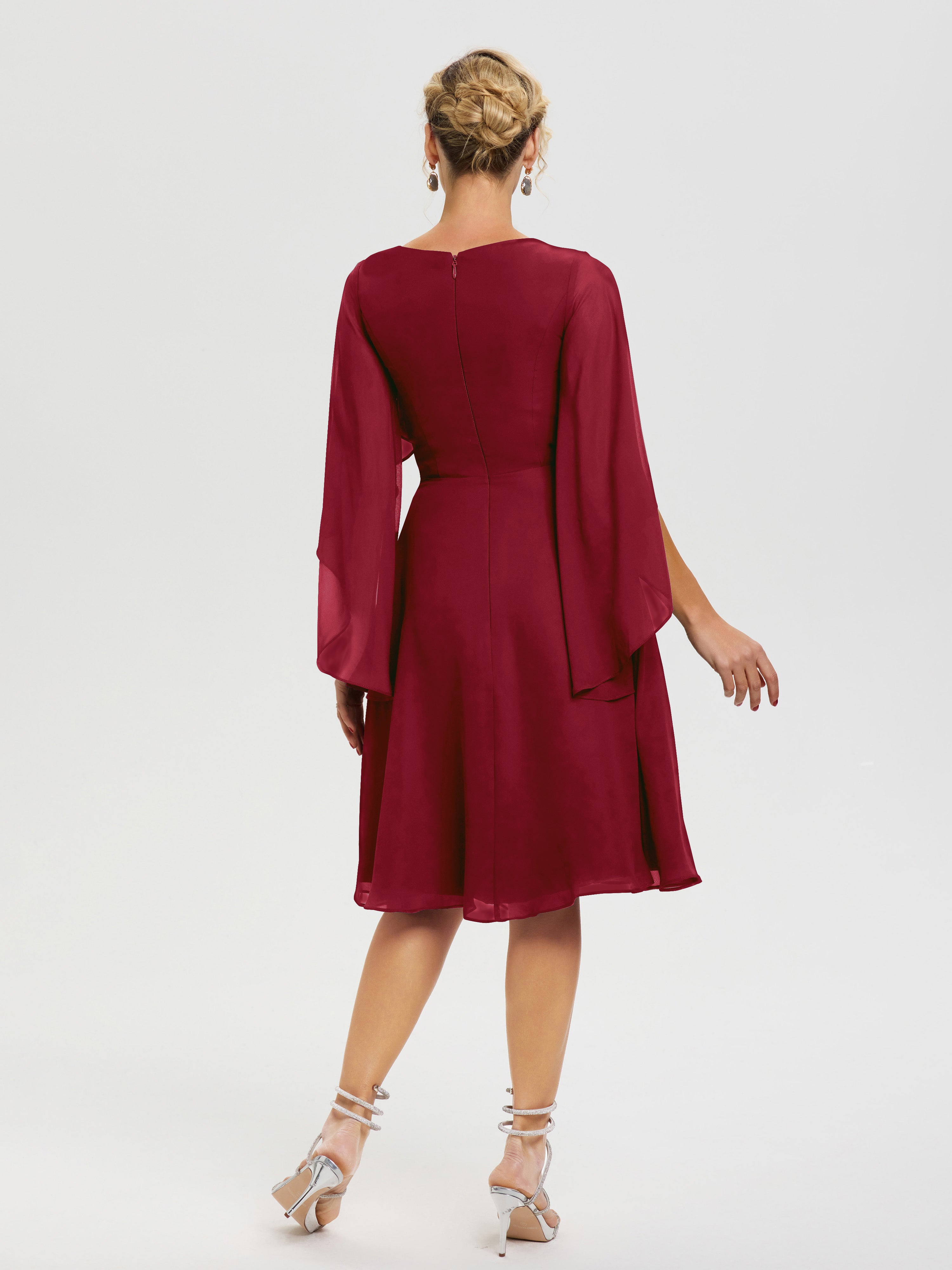 Robe Mere Mariee Bordeaux Manches Asymétrique Col V Mousseline Robe Mère Marié