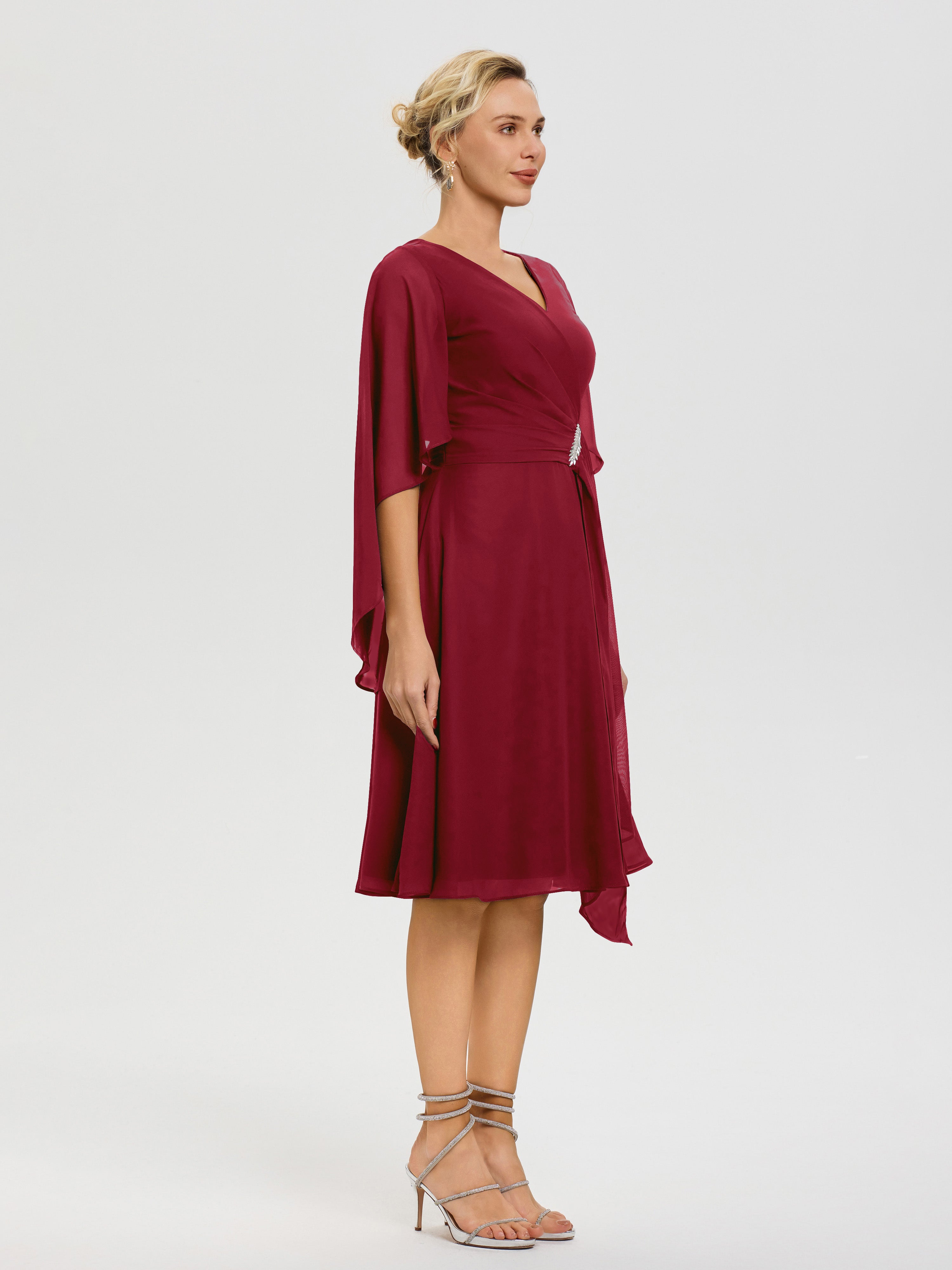 Robe Mere Mariee Bordeaux Manches Asymétrique Col V Mousseline Robe Mère Marié