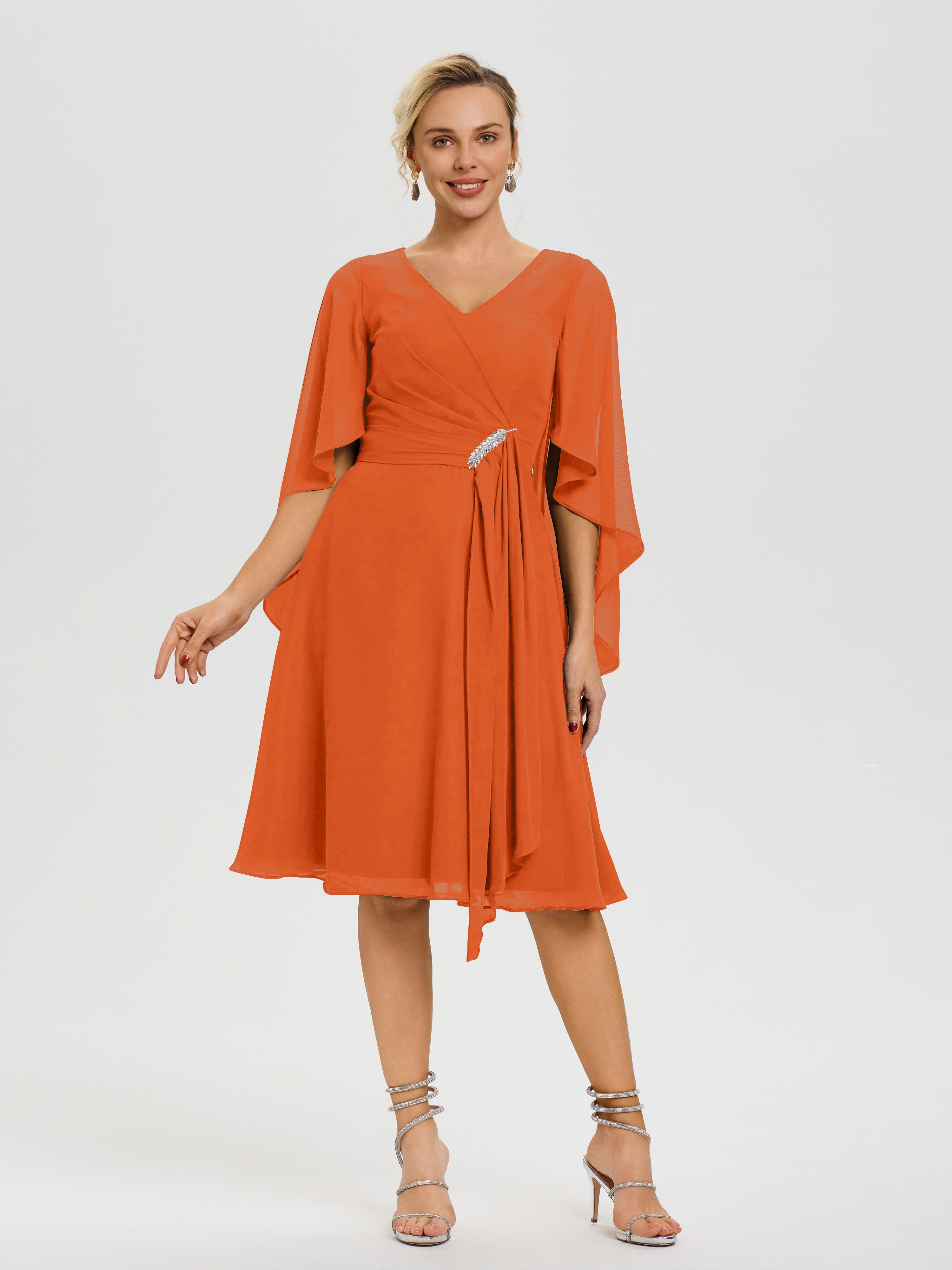 Robe De Cérémonie Mère Du Marié Orange Brule Manches Asymétrique Col V Mousseline Robe Mère Marié