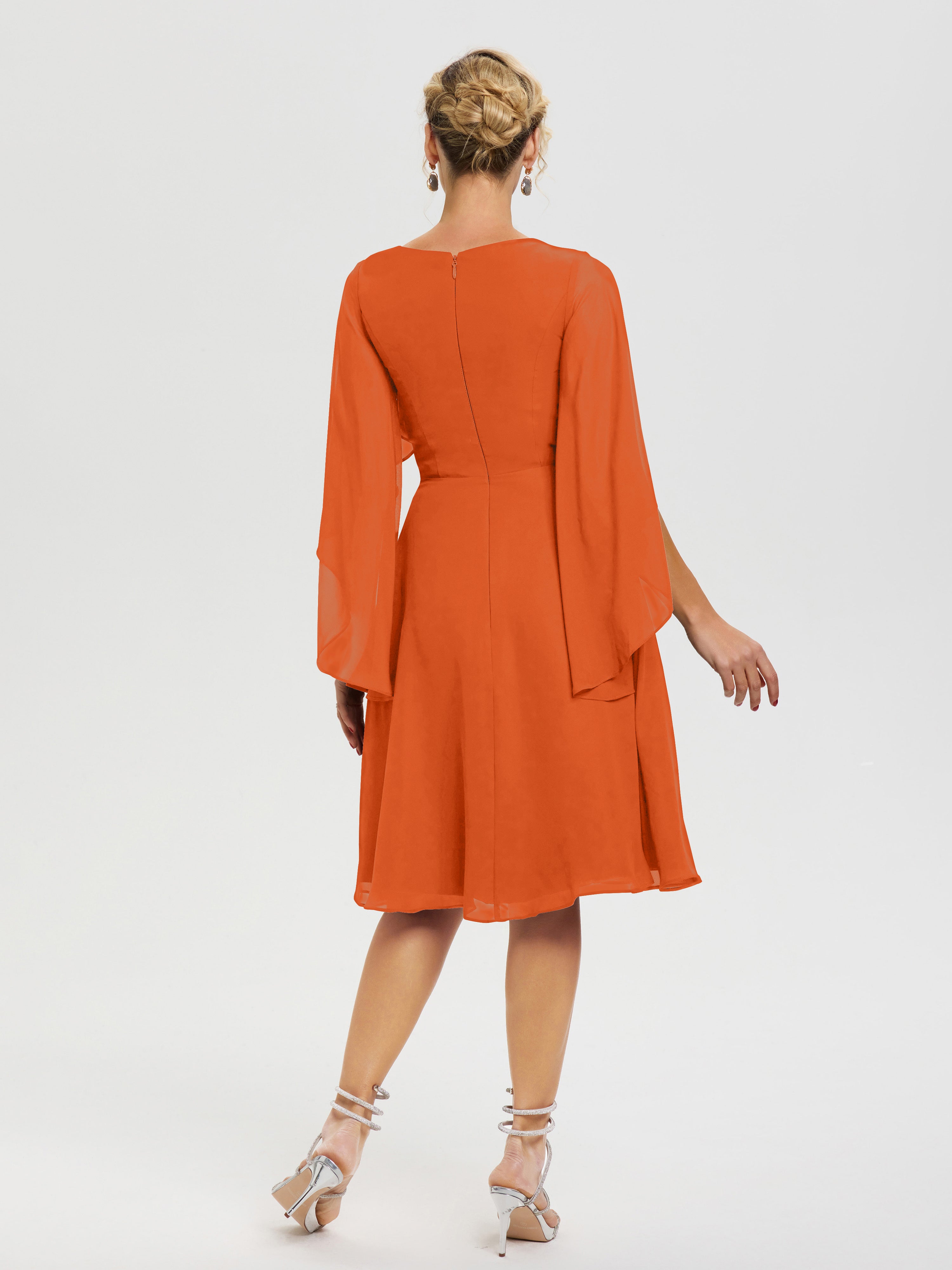 Robe De Cérémonie Mère Du Marié Orange Brule Manches Asymétrique Col V Mousseline Robe Mère Marié