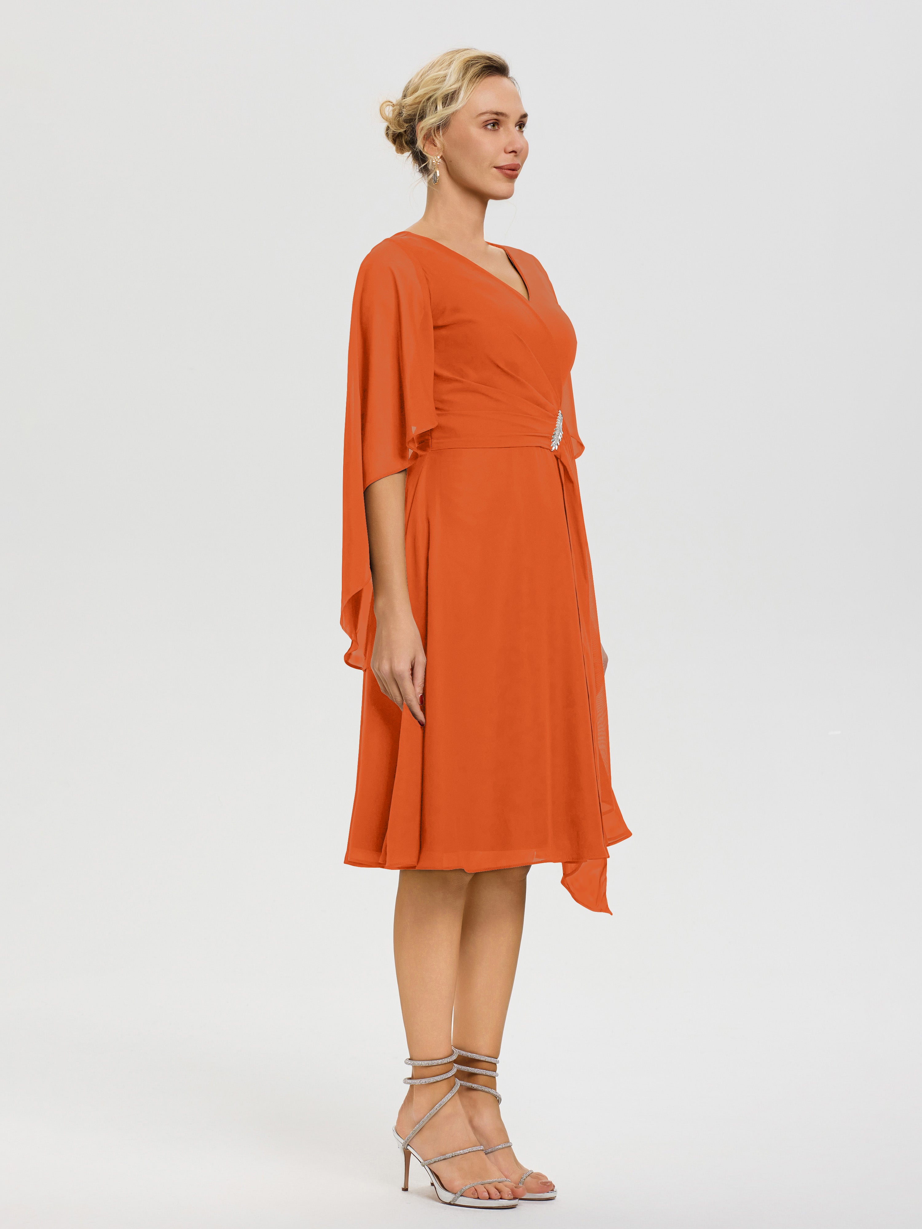 Robe De Cérémonie Mère Du Marié Orange Brule Manches Asymétrique Col V Mousseline Robe Mère Marié