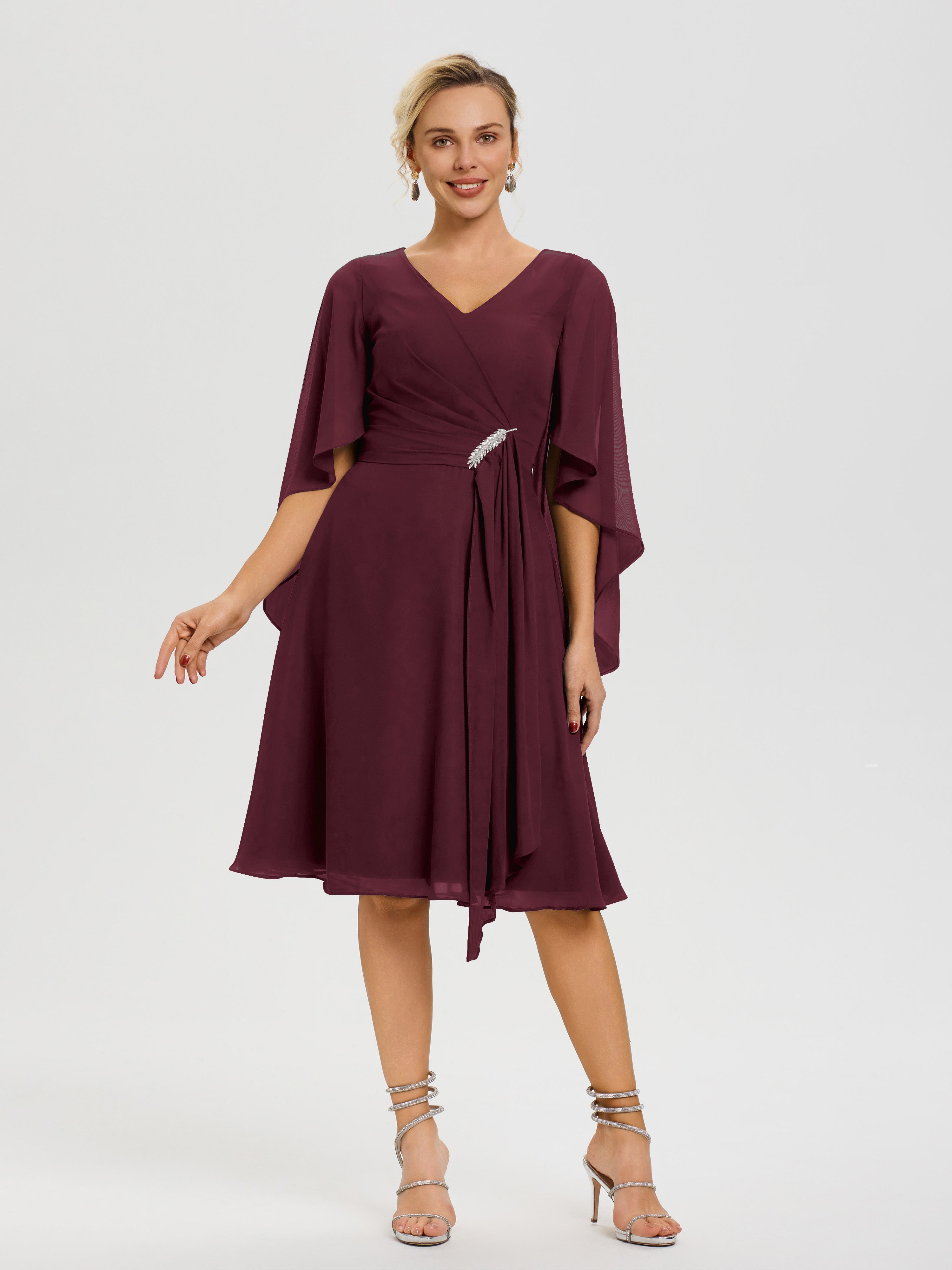 Robe De Cérémonie Mère Du Marié Cabernet Manches-Asymetrique-Col-V-Mousseline-Robe-Mere-Marie
