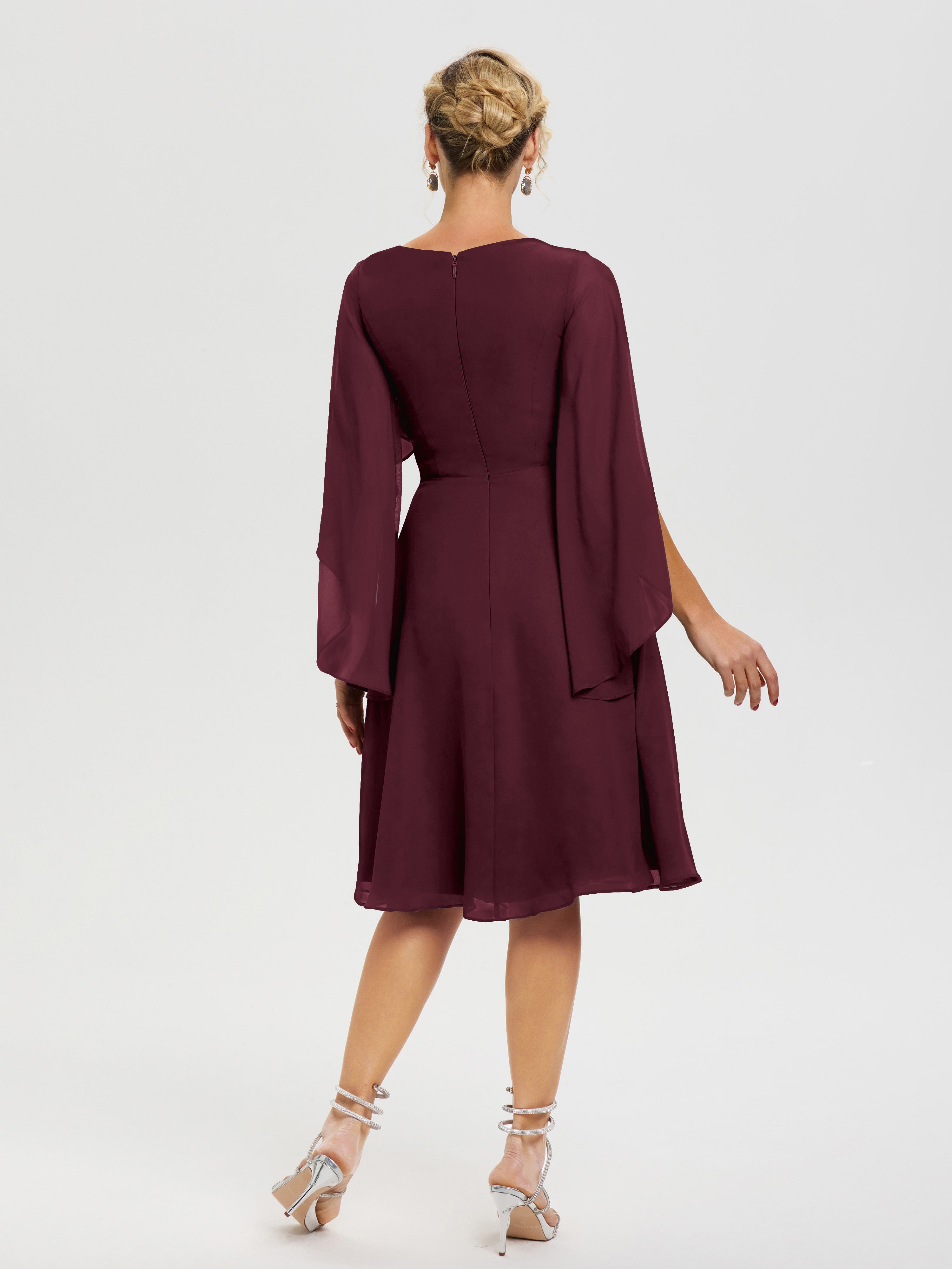 Robe De Cérémonie Mère Du Marié Cabernet Manches-Asymetrique-Col-V-Mousseline-Robe-Mere-Marie