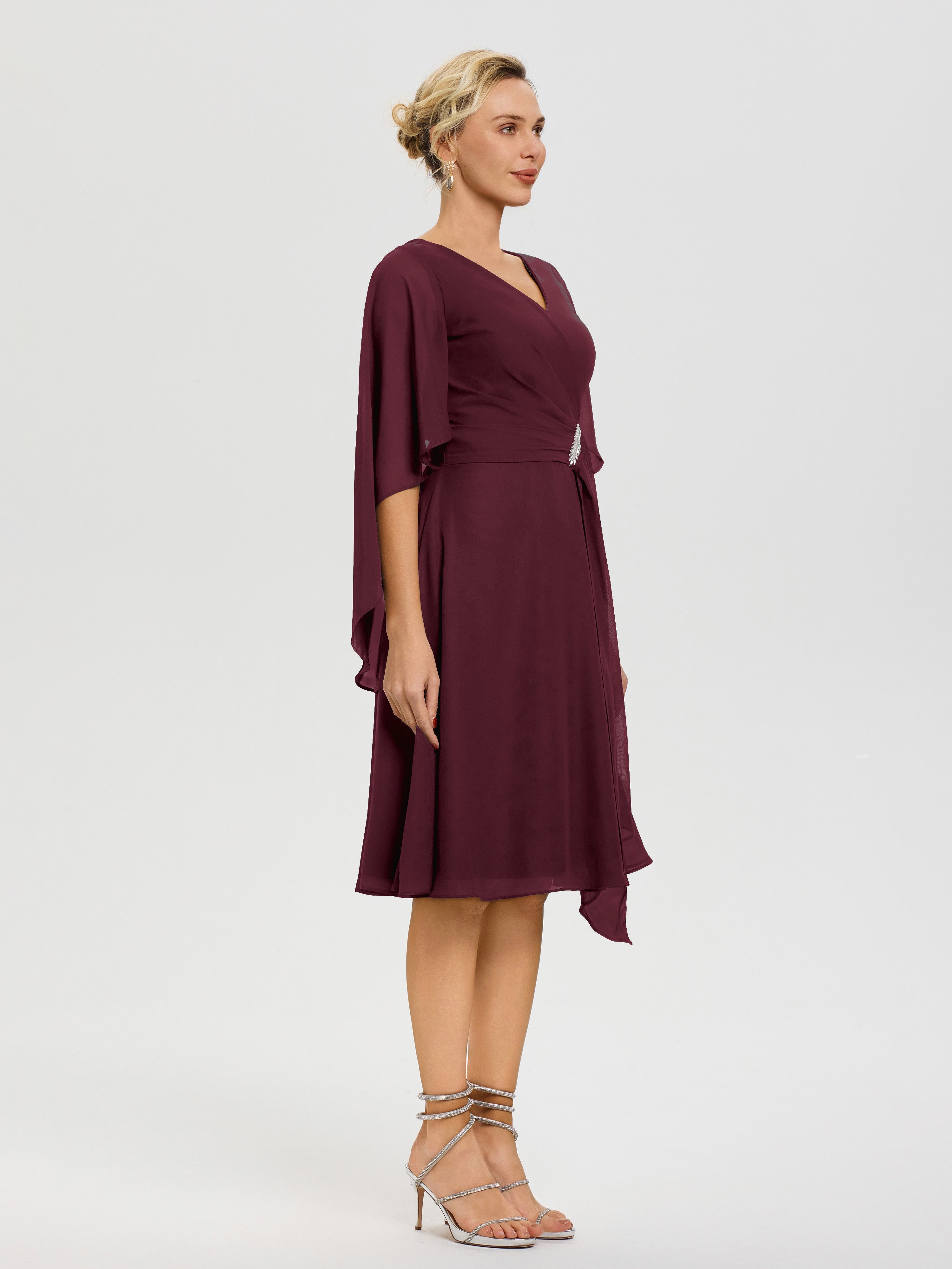 Robe De Cérémonie Mère Du Marié Cabernet Manches-Asymetrique-Col-V-Mousseline-Robe-Mere-Marie