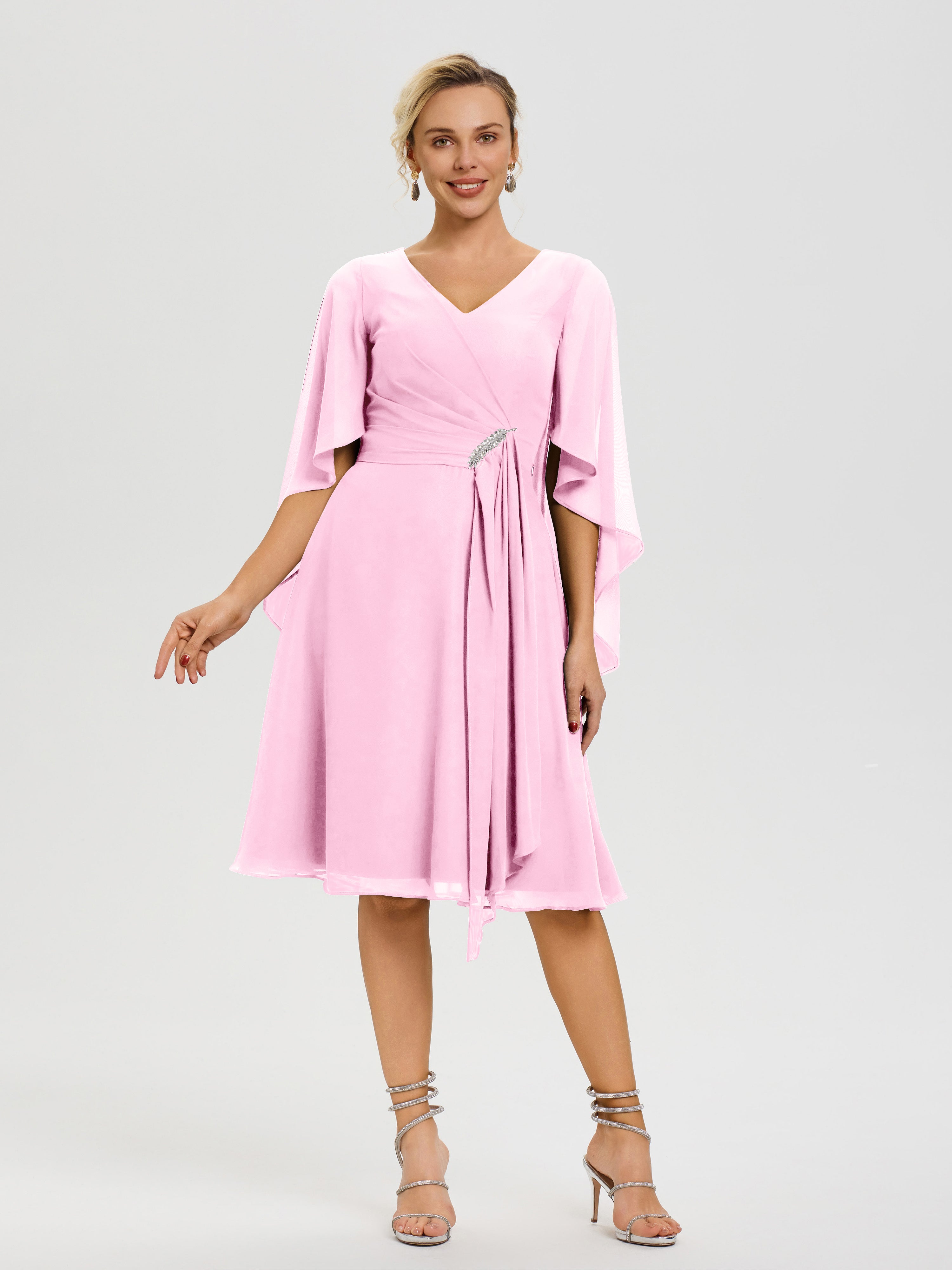 Robe Pour La Mère Du Marié Rose Bonbon Manches Asymétrique Col V Mousseline Robe Mère Marié