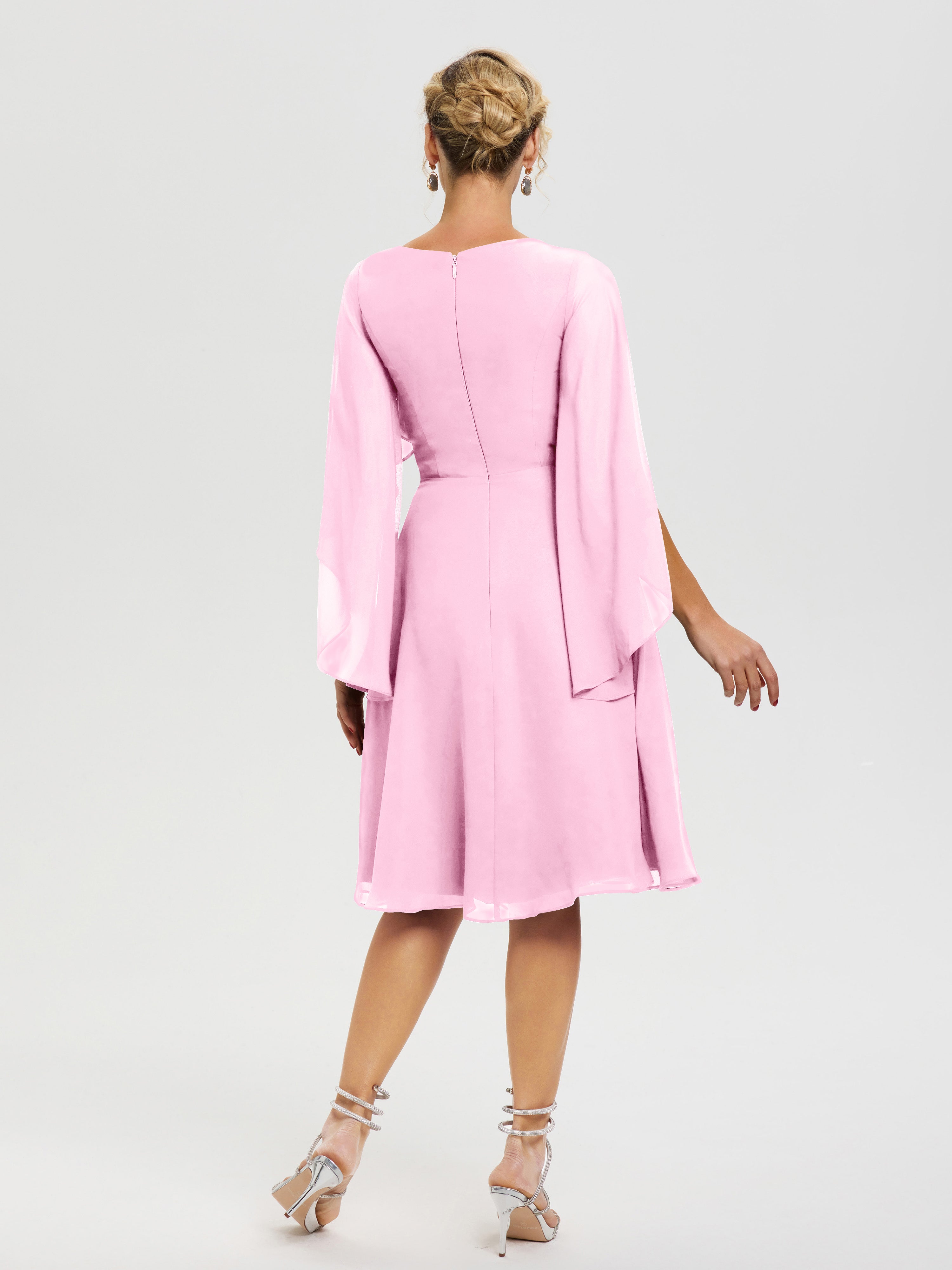 Robe Pour La Mère Du Marié Rose Bonbon Manches Asymétrique Col V Mousseline Robe Mère Marié