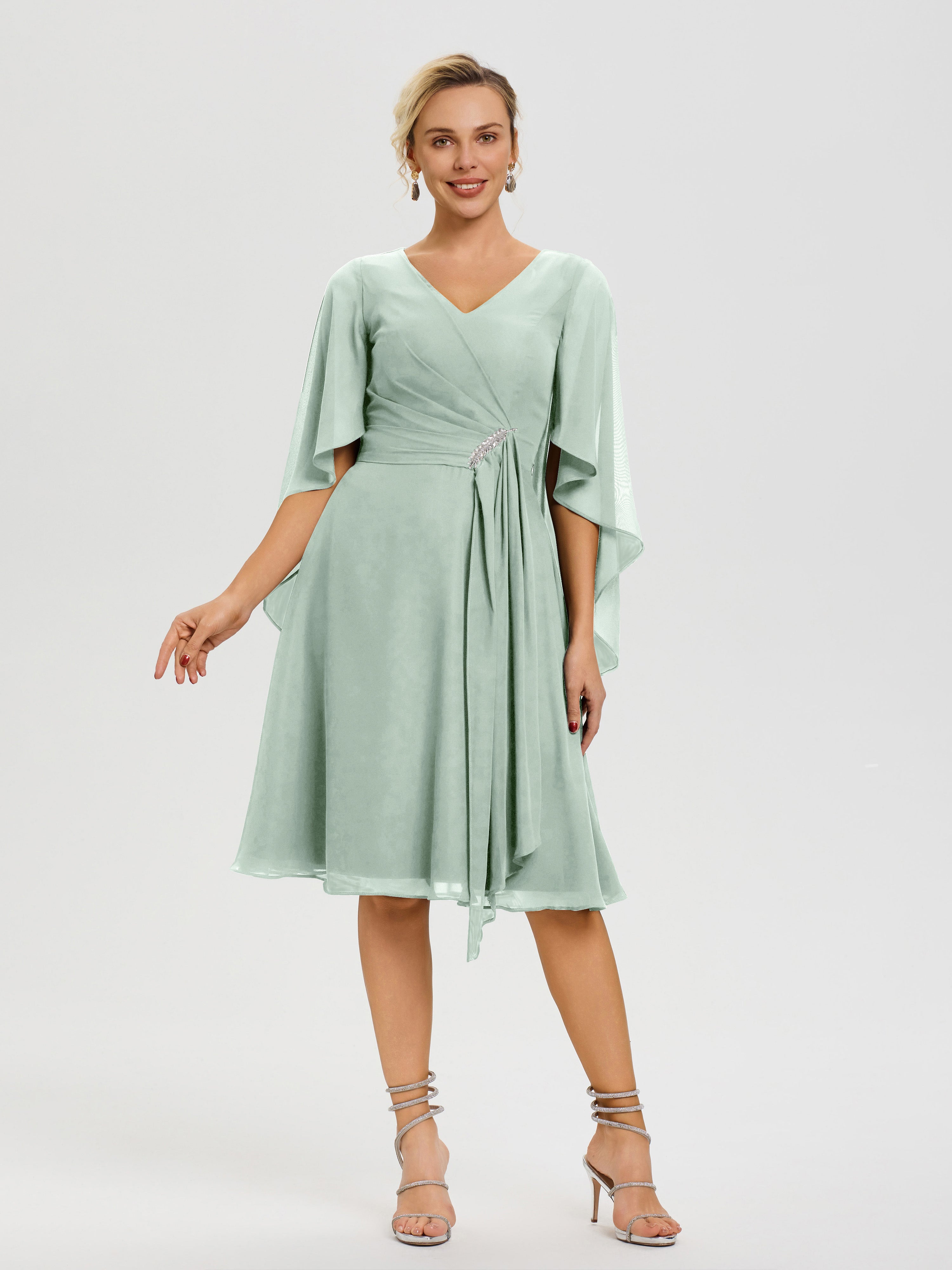 Robe De Cérémonie Mère Du Marié Celadon Manches-Asymetrique-Col-V-Mousseline-Robe-Mere-Marie