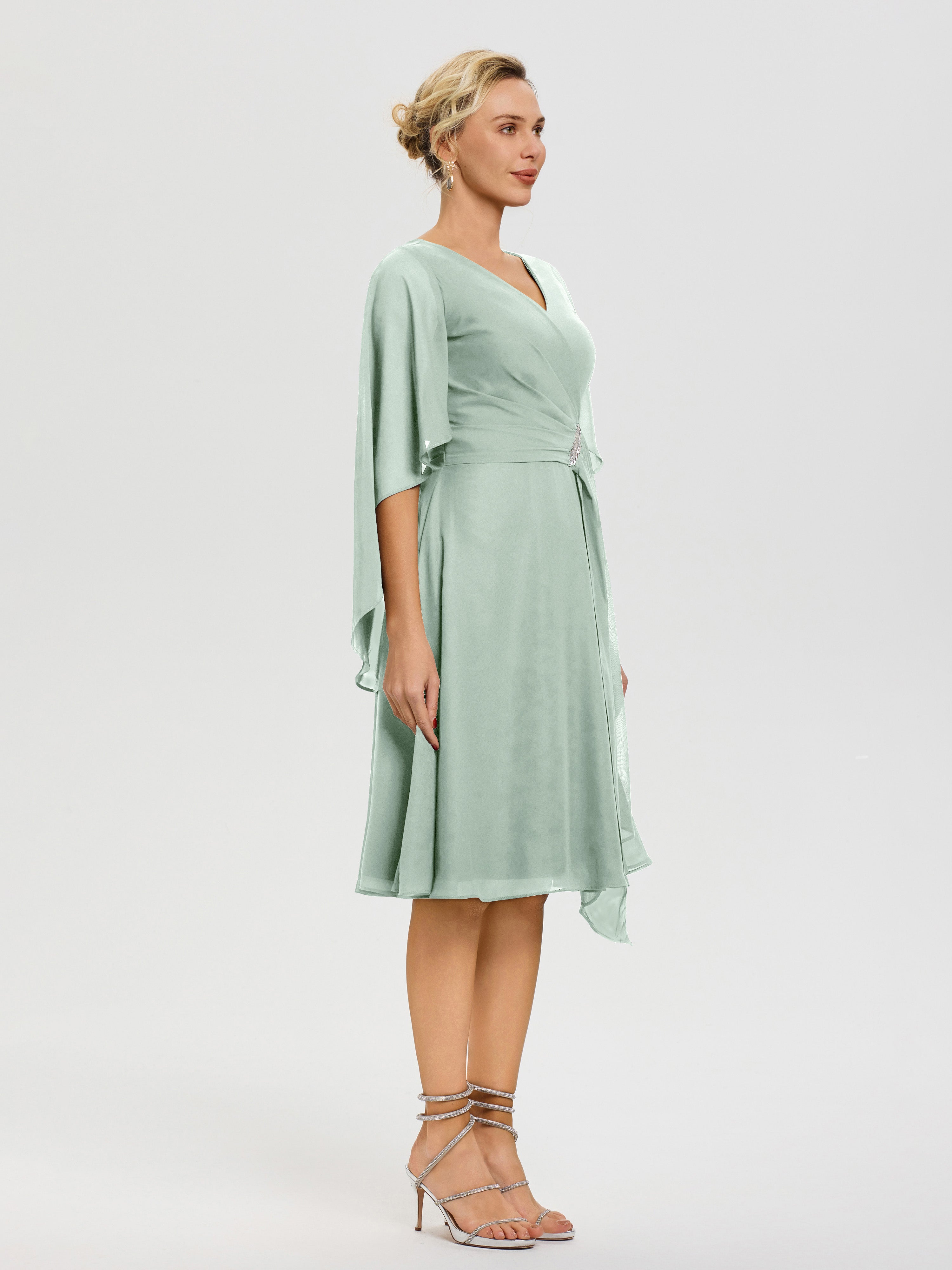 Robe De Cérémonie Mère Du Marié Celadon Manches-Asymetrique-Col-V-Mousseline-Robe-Mere-Marie