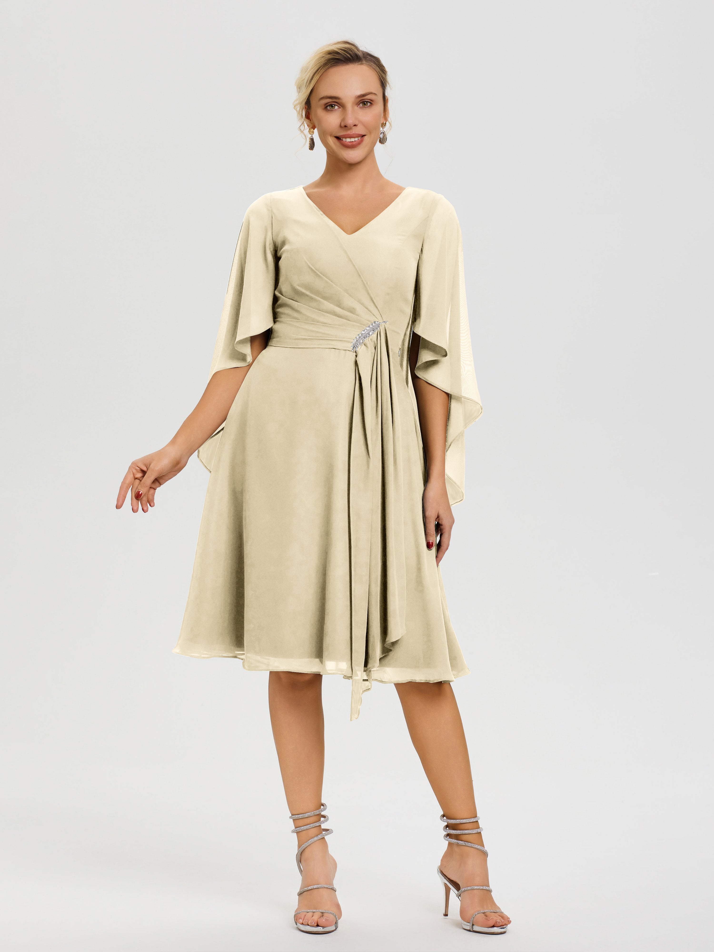 Robe Mere De La Mariee Champagne Manches Asymétrique Col V Mousseline Robe Mère Marié