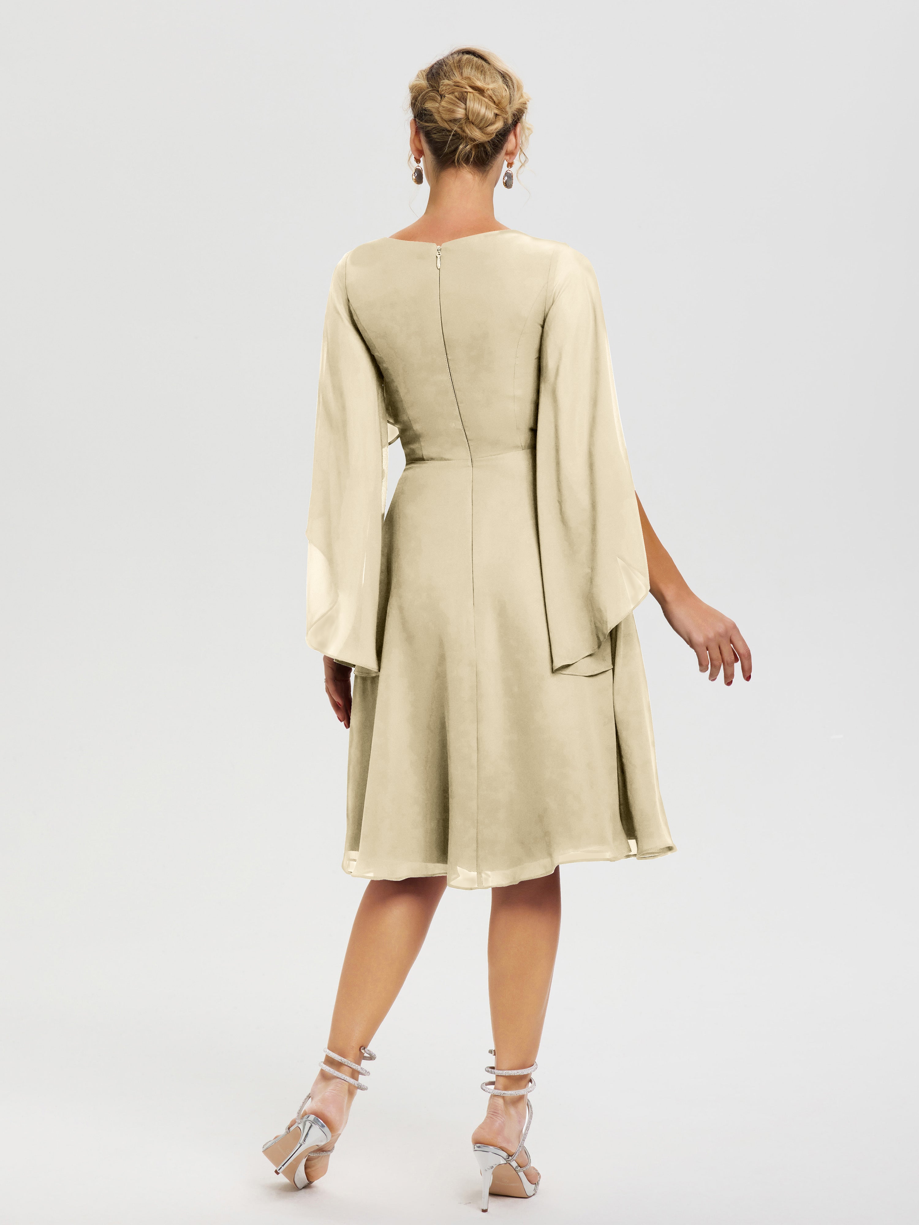 Robe Mere De La Mariee Champagne Manches Asymétrique Col V Mousseline Robe Mère Marié