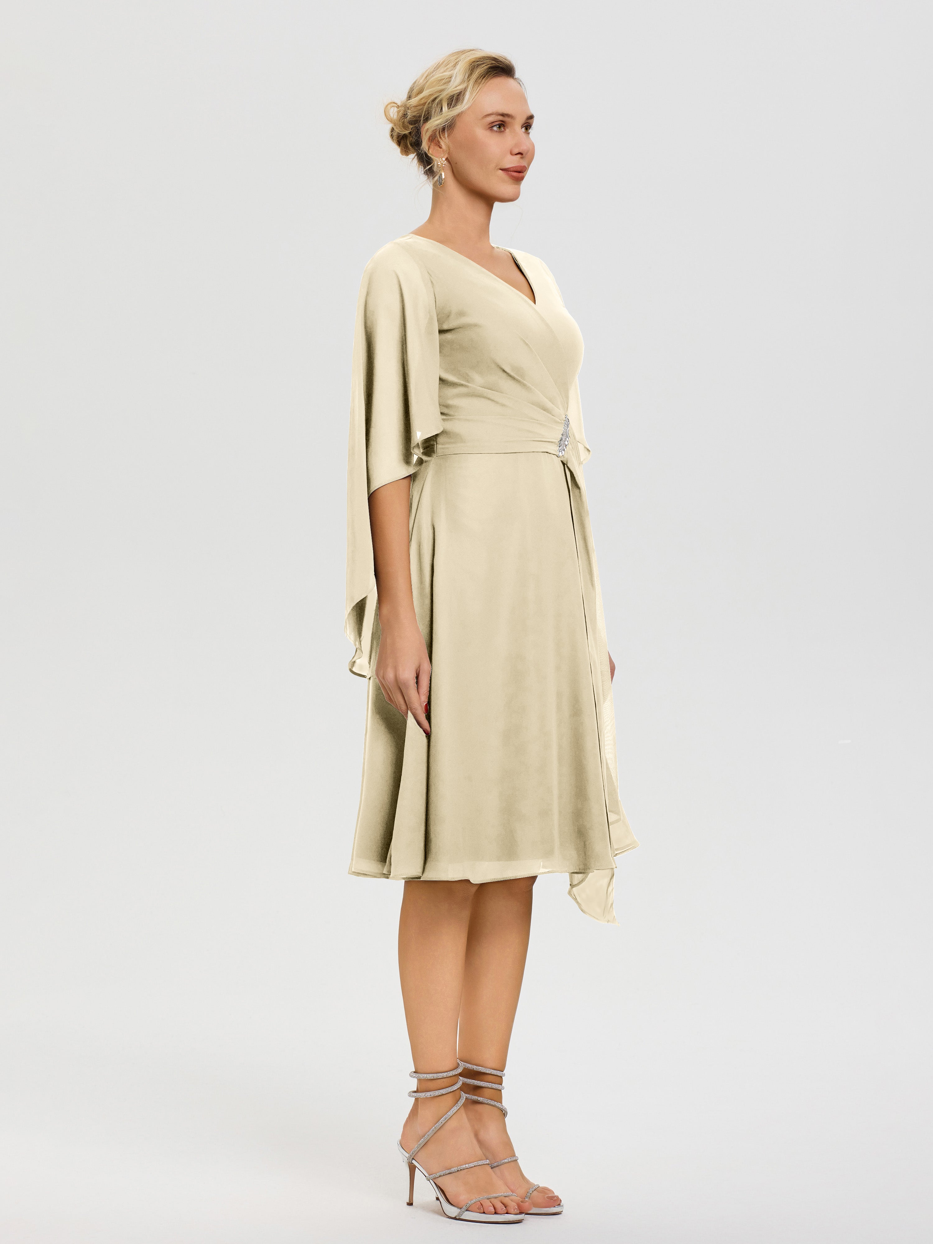 Robe Mere De La Mariee Champagne Manches Asymétrique Col V Mousseline Robe Mère Marié