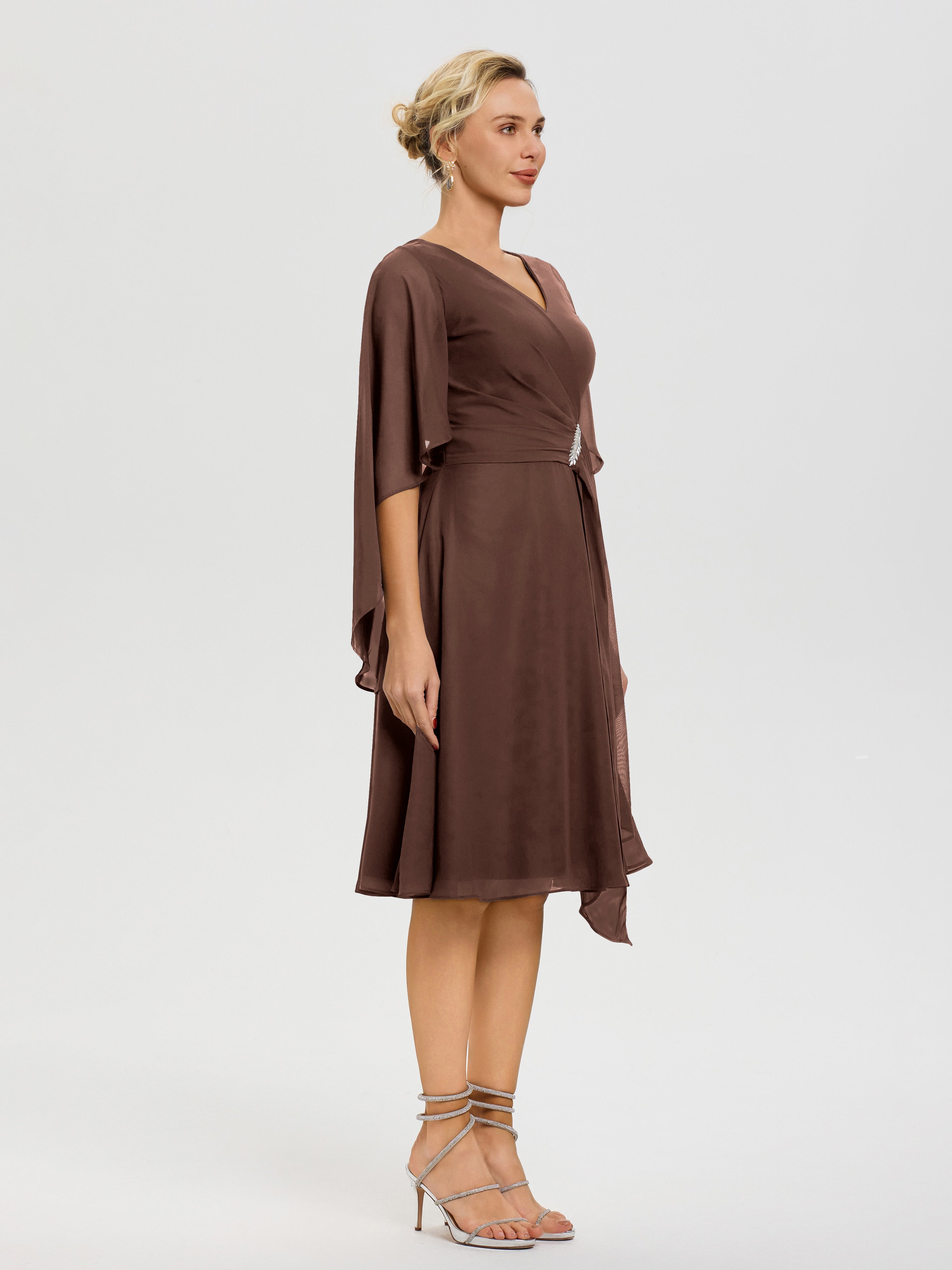 Robe Mere Dela Mariee Chocolat Manches Asymétrique Col V Mousseline Robe Mère Marié