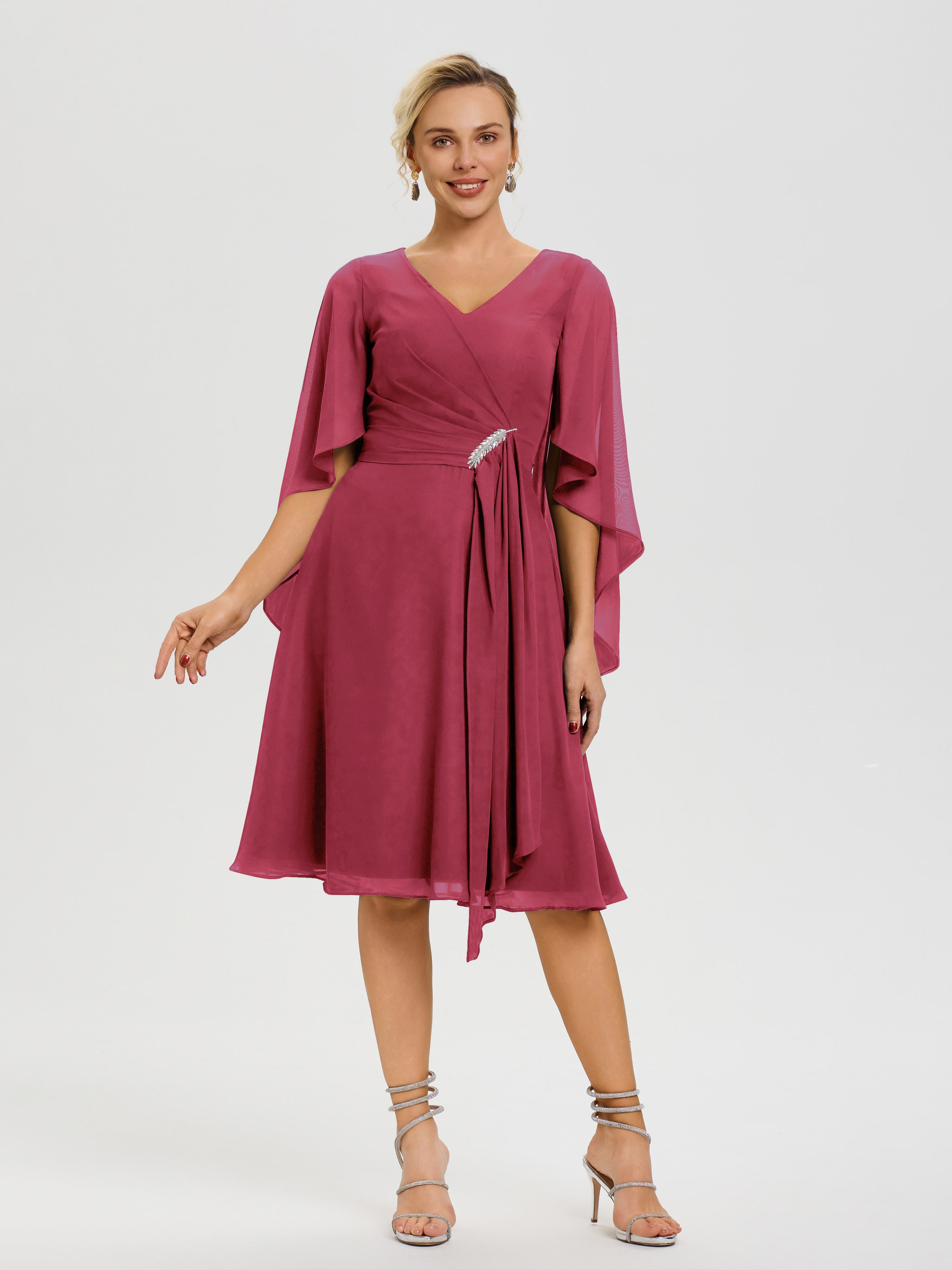 Robe De Cérémonie Mère Du Marié Rose Cannelle Manches Asymétrique Col V Mousseline Robe Mère Marié