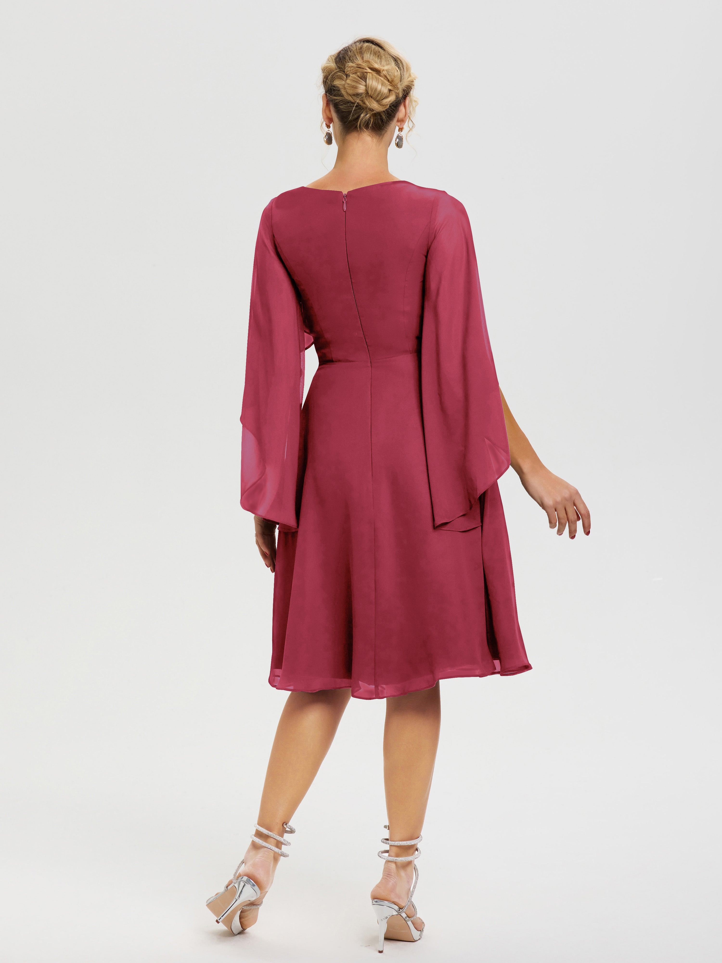Robe De Cérémonie Mère Du Marié Rose Cannelle Manches Asymétrique Col V Mousseline Robe Mère Marié