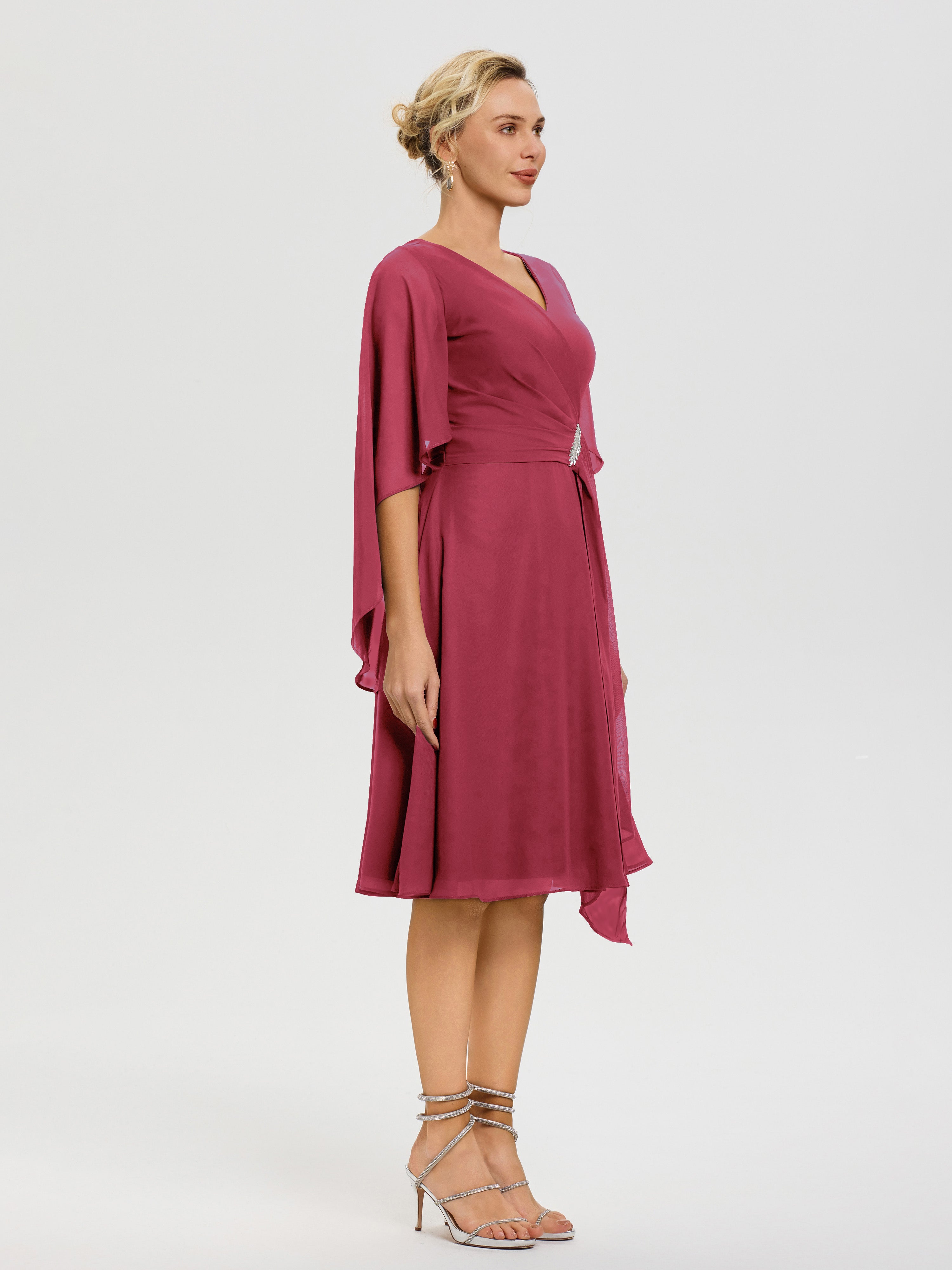 Robe De Cérémonie Mère Du Marié Rose Cannelle Manches Asymétrique Col V Mousseline Robe Mère Marié