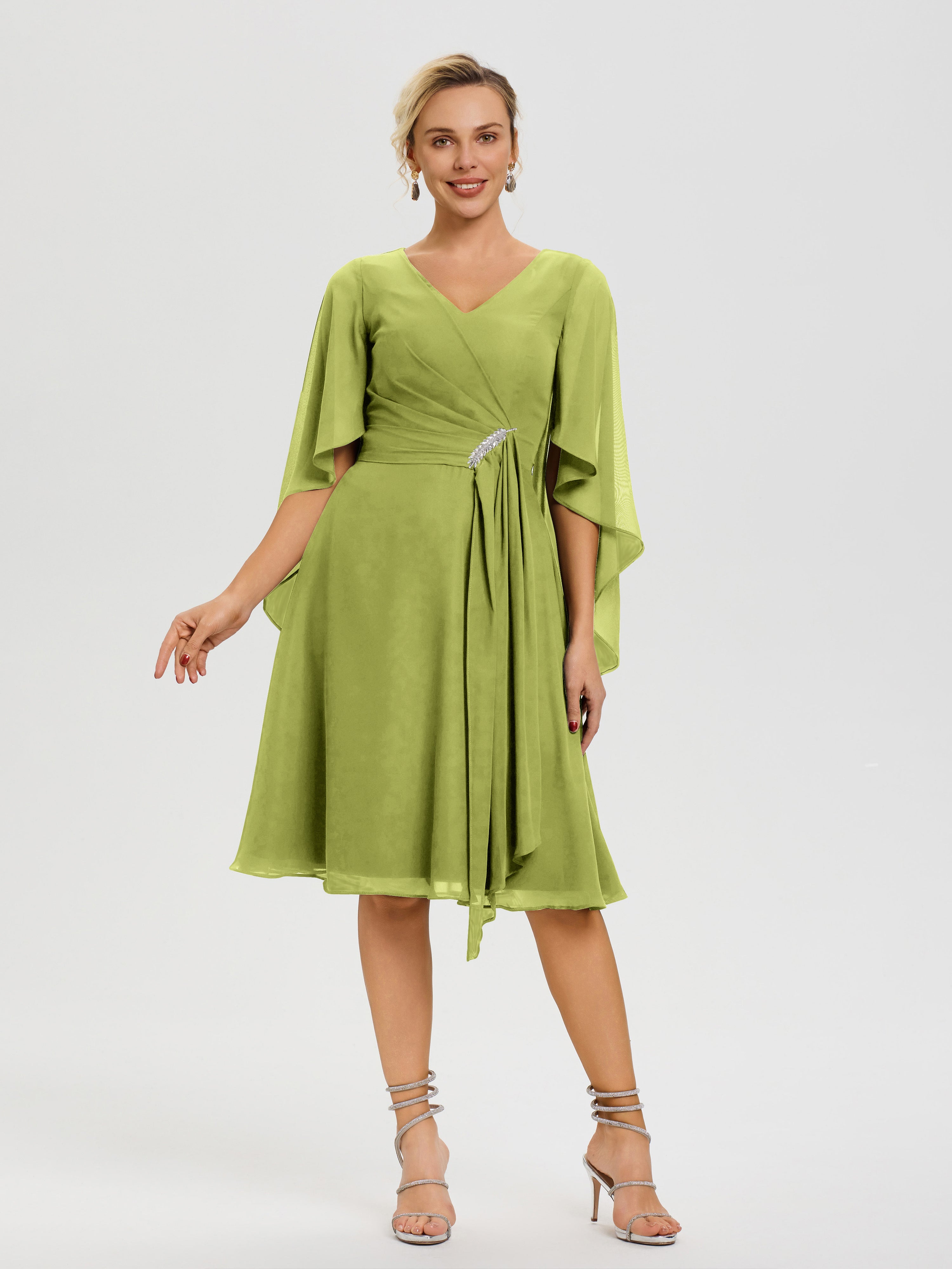 Robe Mère De La Mariée Chic Trefle Manches Asymétrique Col V Mousseline Robe Mère Marié