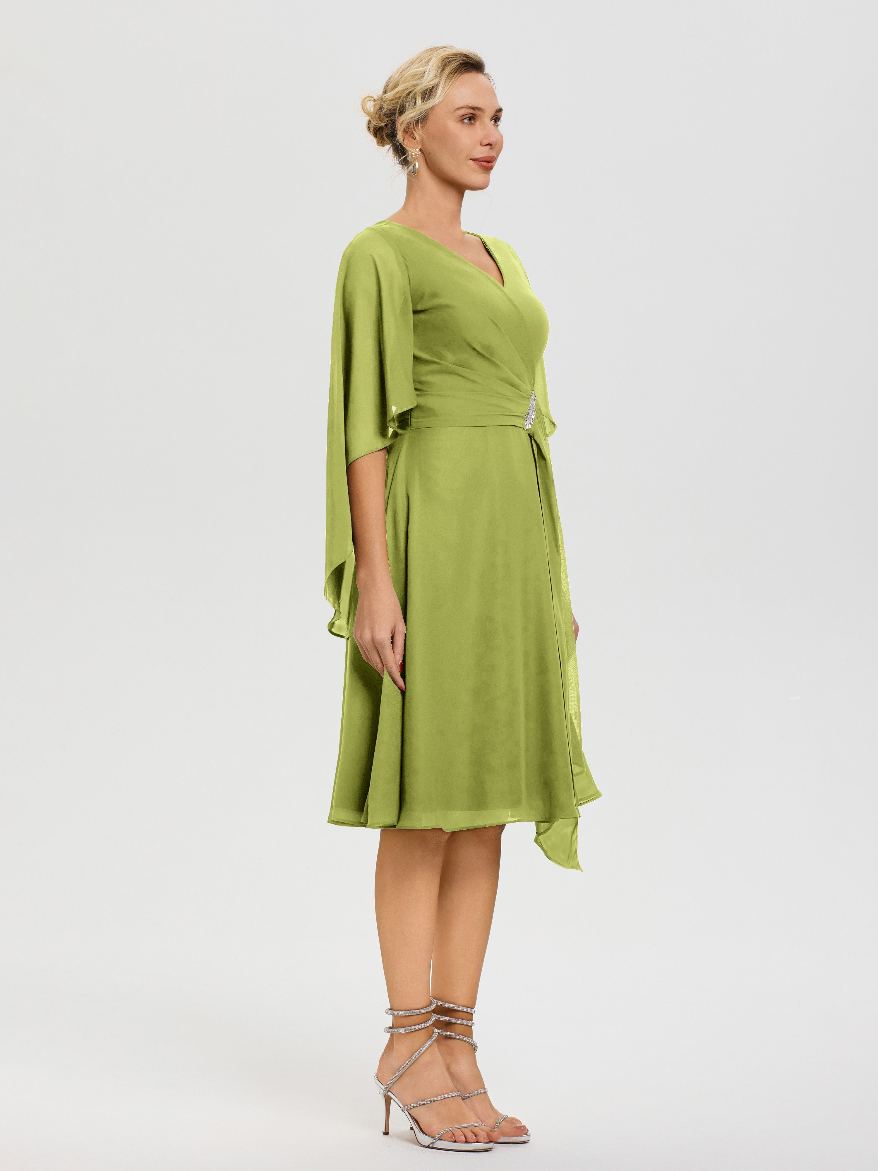 Robe Mère De La Mariée Chic Trefle Manches Asymétrique Col V Mousseline Robe Mère Marié