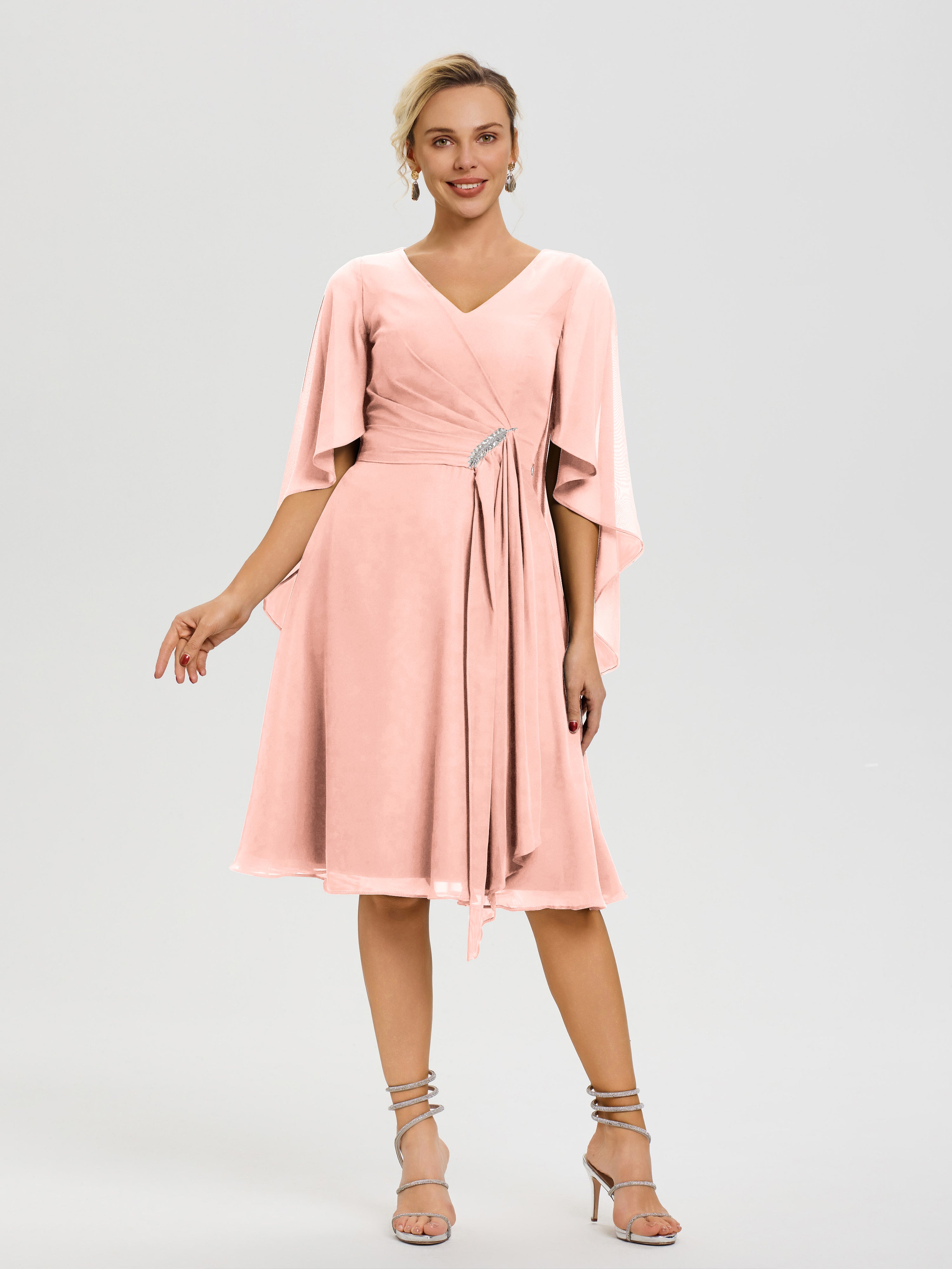 Robe De Cérémonie Mère Du Marié Corail Manches-Asymetrique-Col-V-Mousseline-Robe-Mere-Marie