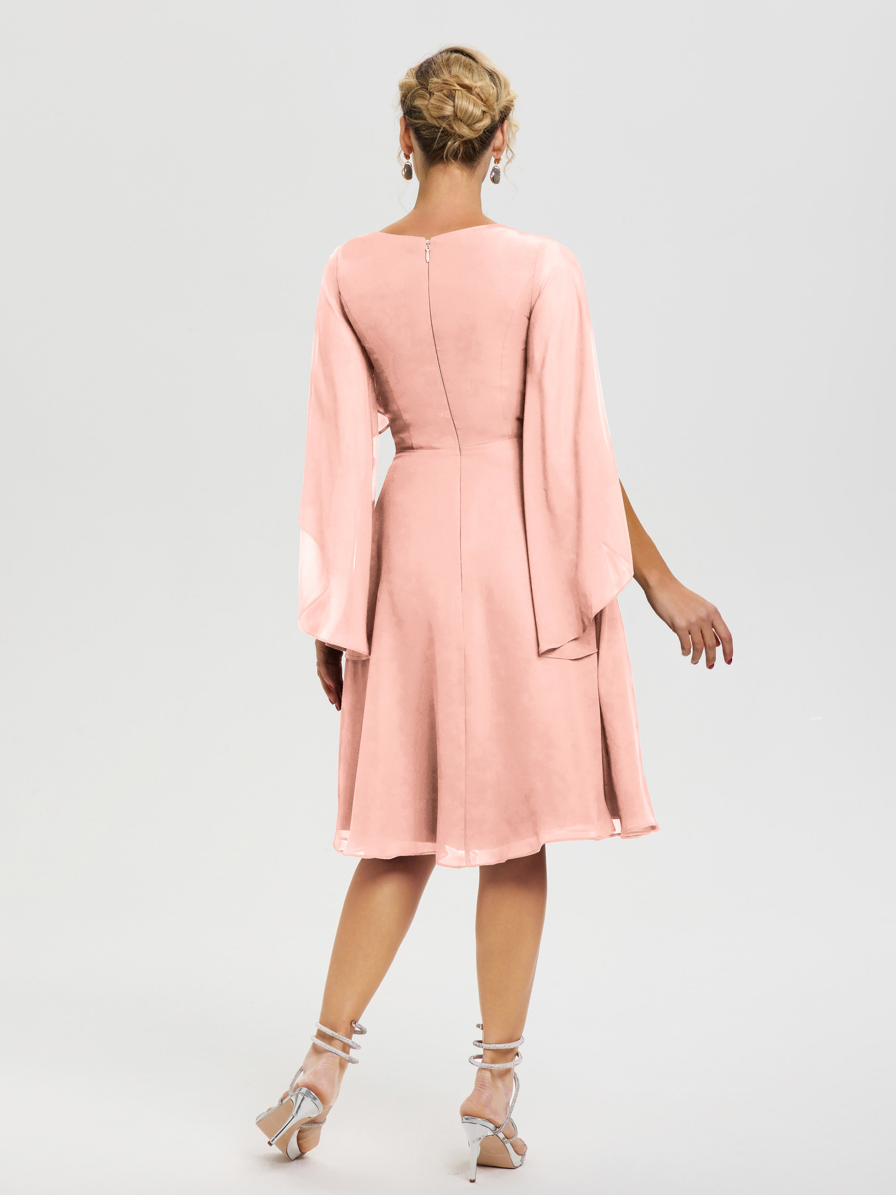 Robe De Cérémonie Mère Du Marié Corail Manches-Asymetrique-Col-V-Mousseline-Robe-Mere-Marie