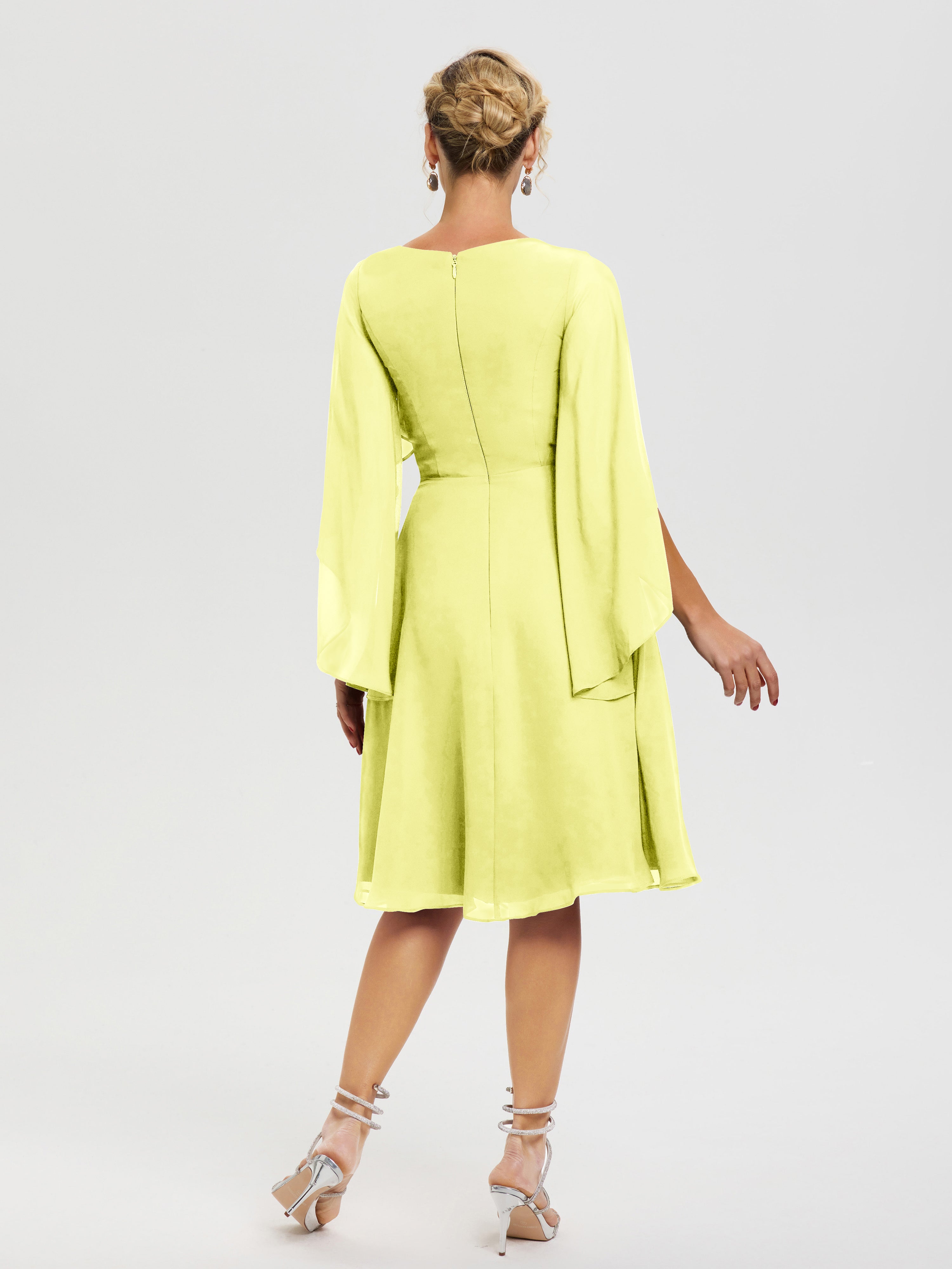 Robe Pour La Mère Du Marié Jonquille Manches Asymétrique Col V Mousseline Robe Mère Marié