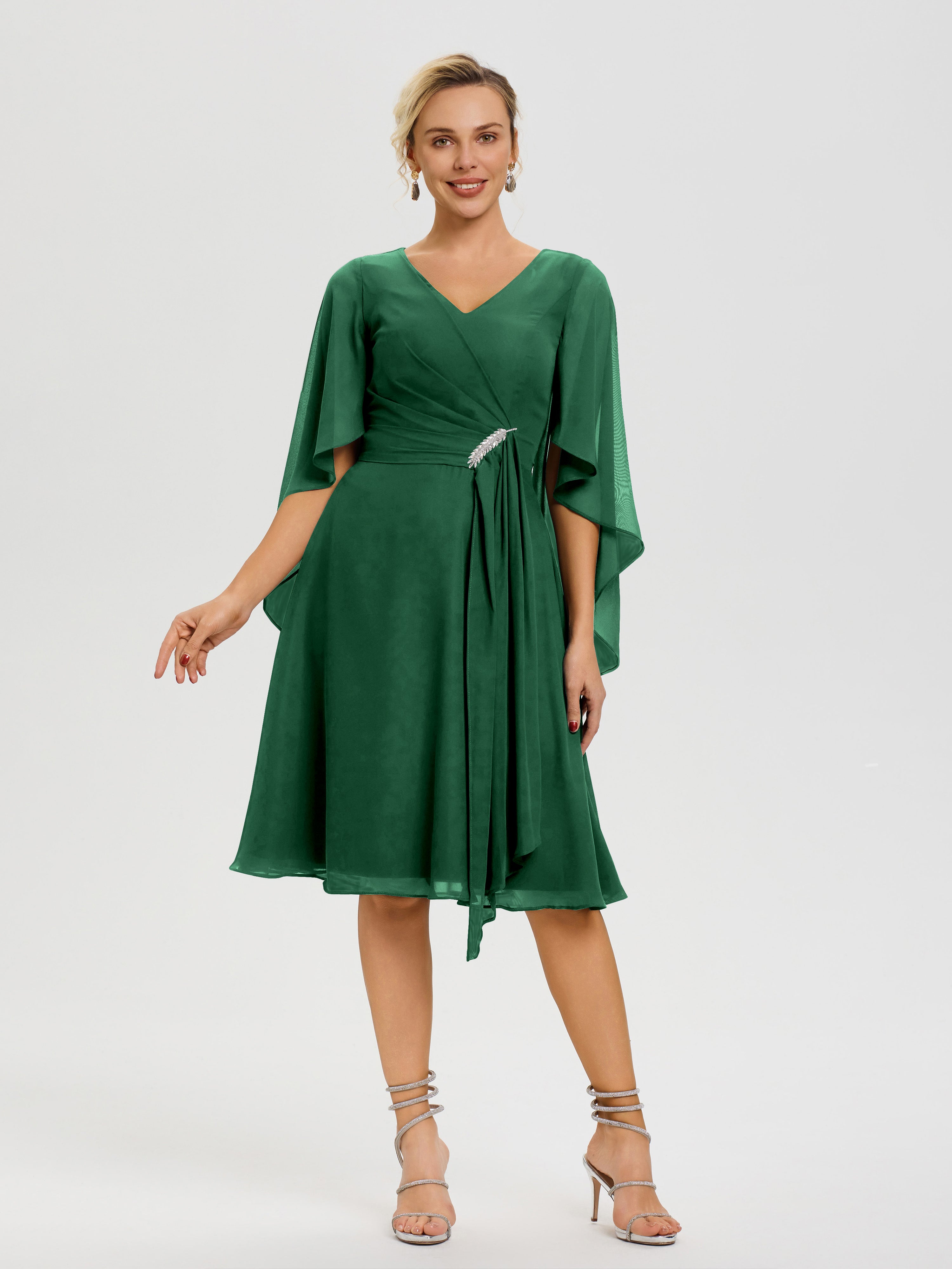 Robe Pour Mère De Mariée Vert Foncé Manches Asymétrique Col V Mousseline Robe Mère Marié