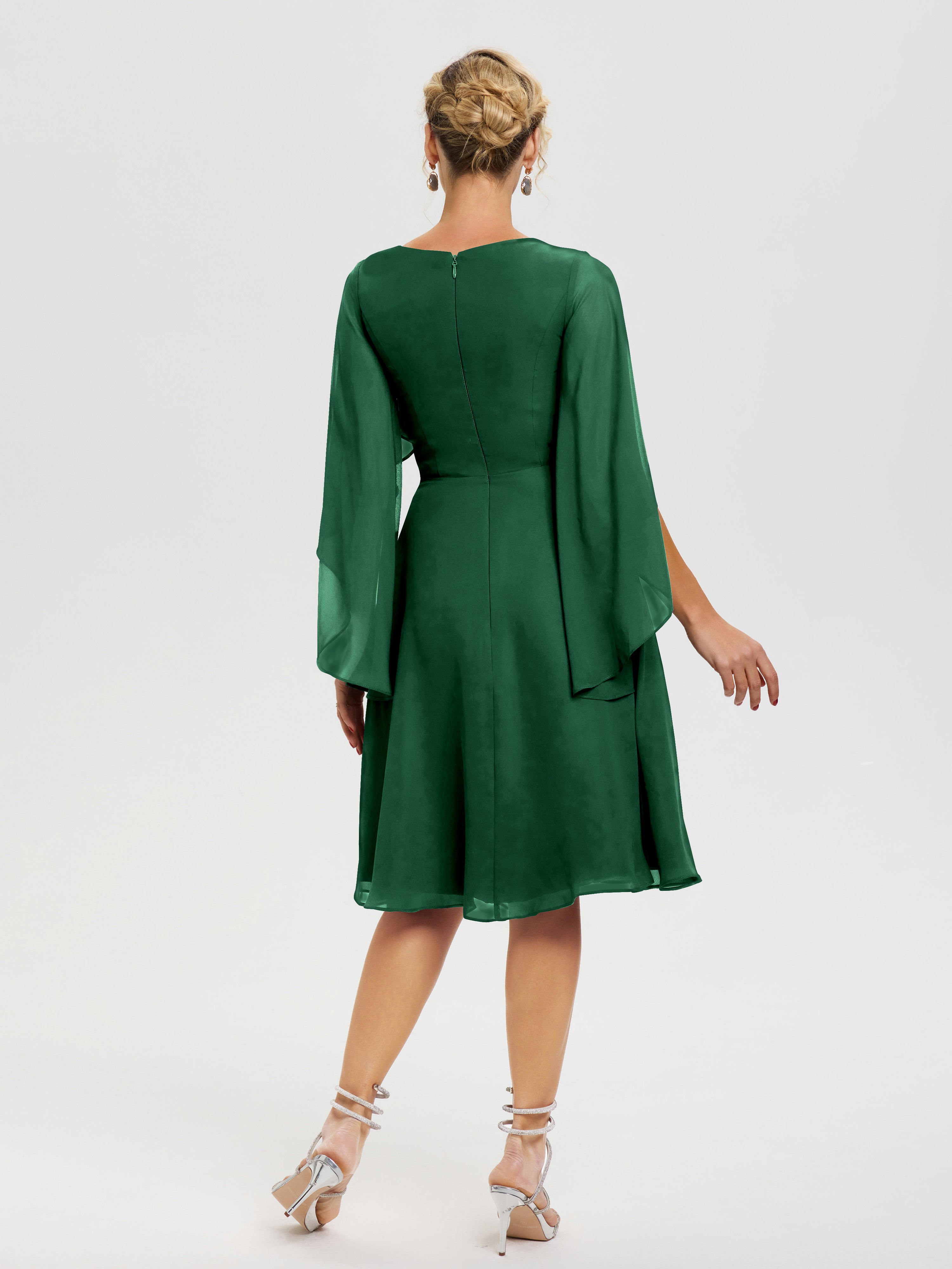 Robe Pour Mère De Mariée Vert Foncé Manches Asymétrique Col V Mousseline Robe Mère Marié