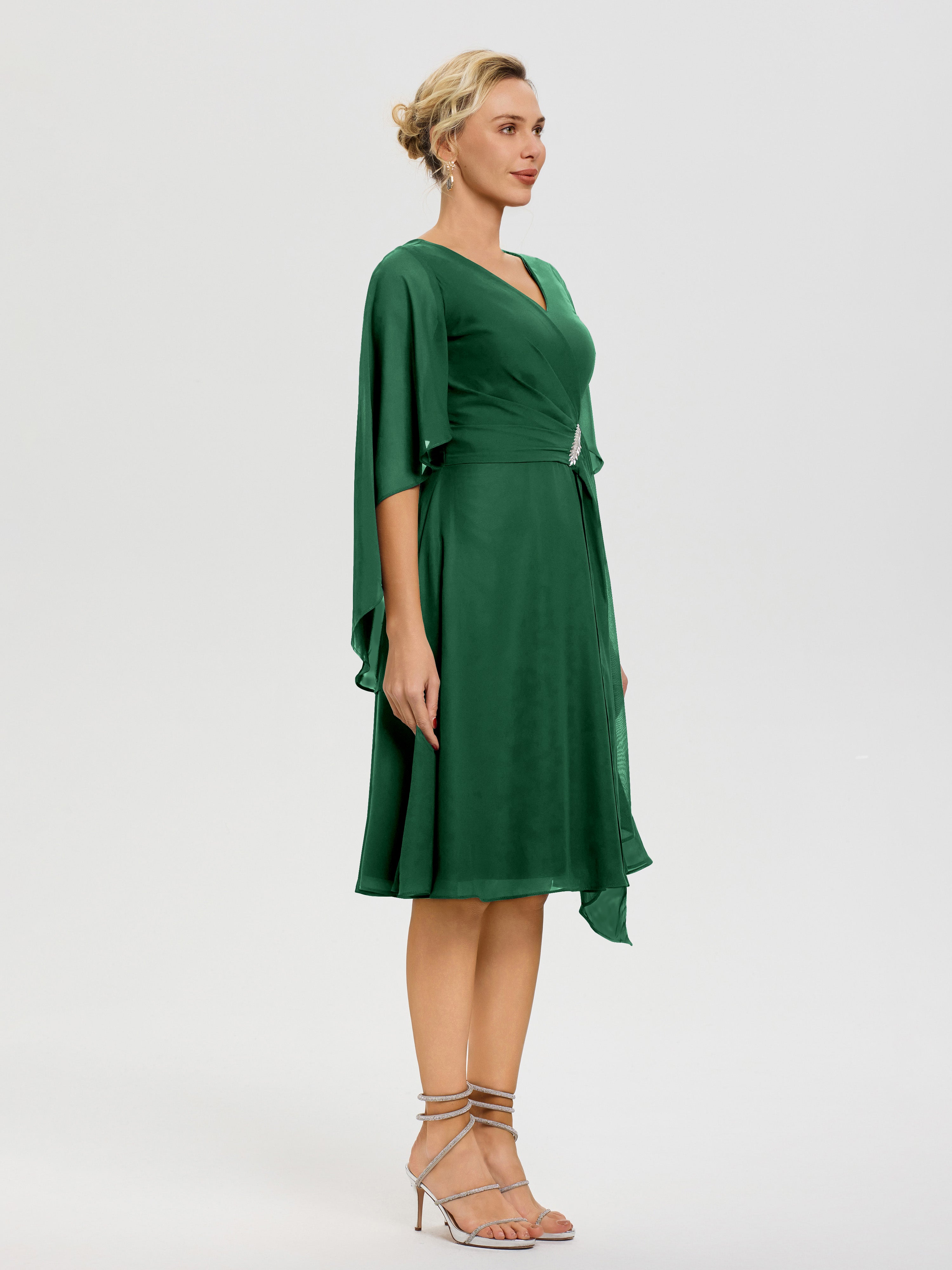Robe Pour Mère De Mariée Vert Foncé Manches Asymétrique Col V Mousseline Robe Mère Marié