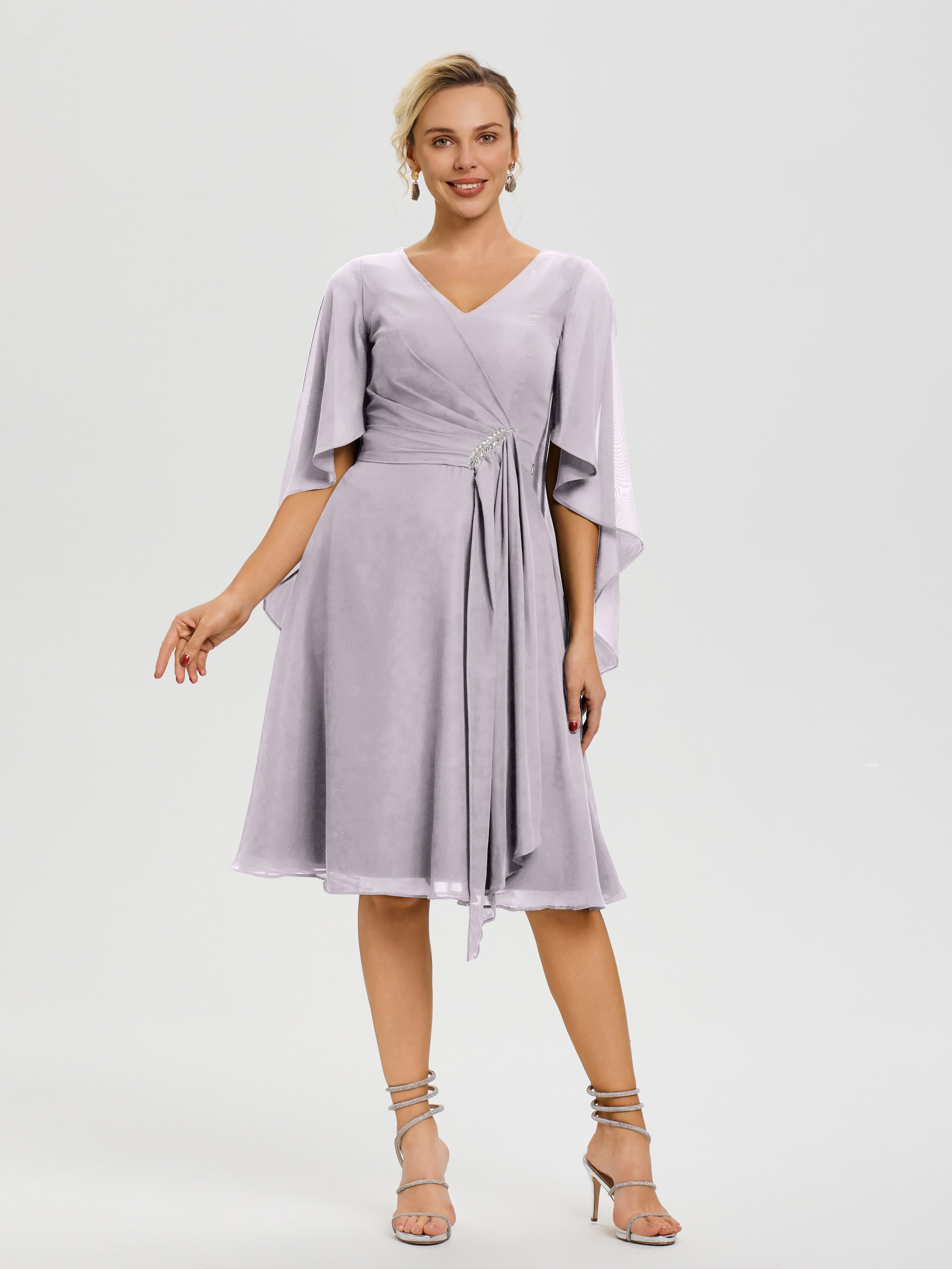 Robe De Cérémonie Mère Du Marié Crepuscule Manches Asymétrique Col V Mousseline Robe Mère Marié