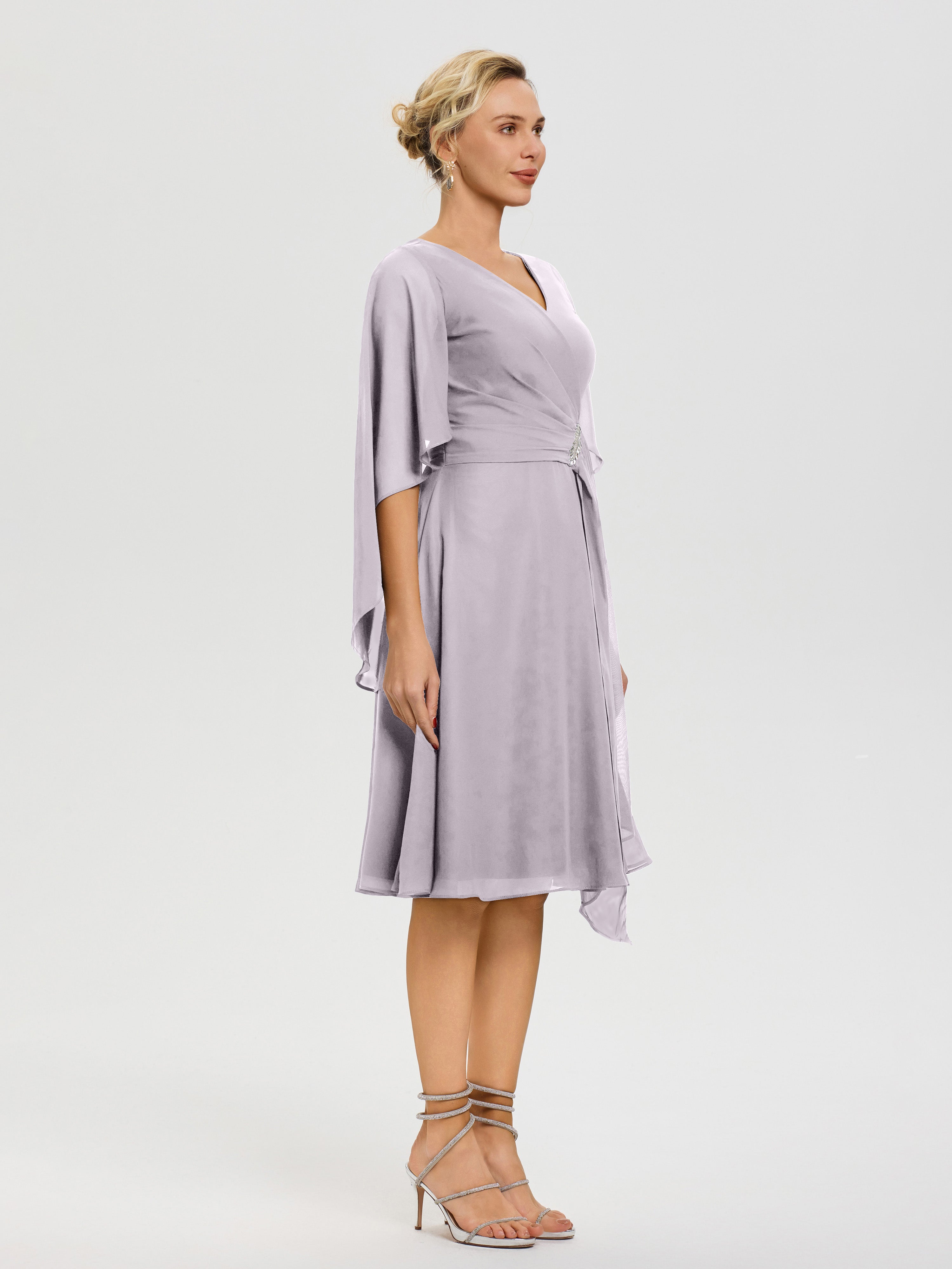Robe De Cérémonie Mère Du Marié Crepuscule Manches Asymétrique Col V Mousseline Robe Mère Marié