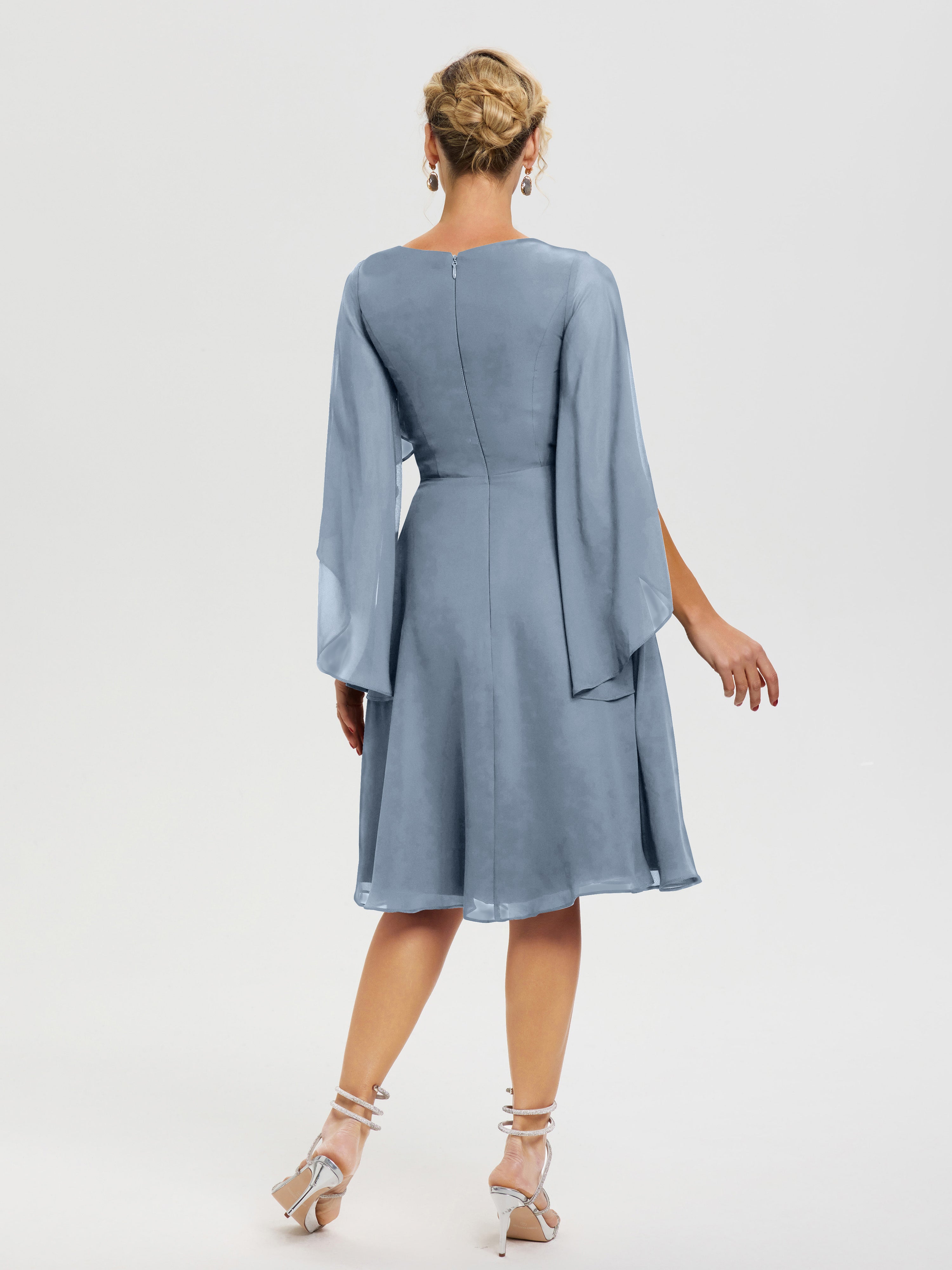 Robe Mere Dela Mariee Bleu Poudré Manches Asymétrique Col V Mousseline Robe Mère Marié