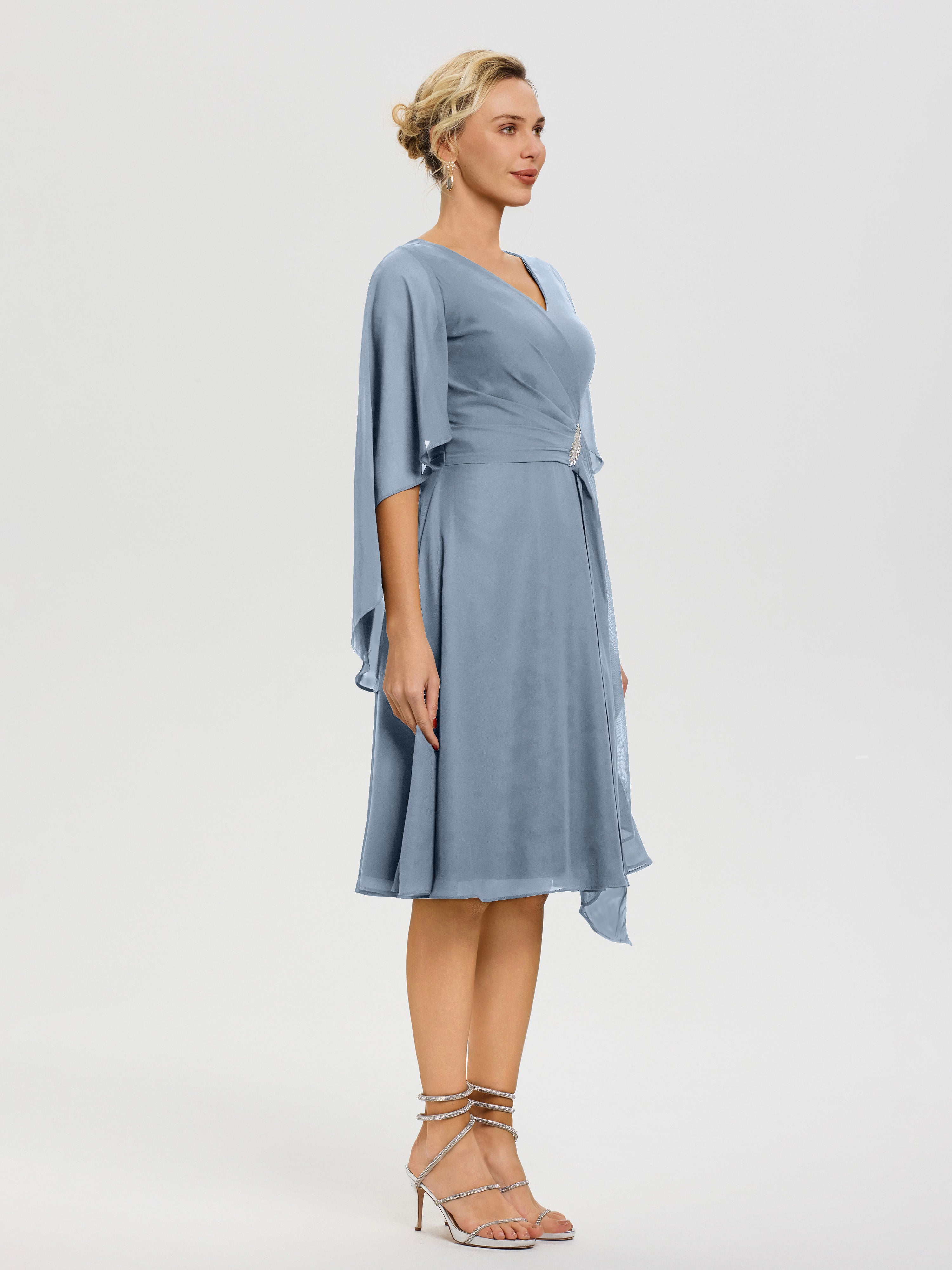 Robe Mere Dela Mariee Bleu Poudré Manches Asymétrique Col V Mousseline Robe Mère Marié