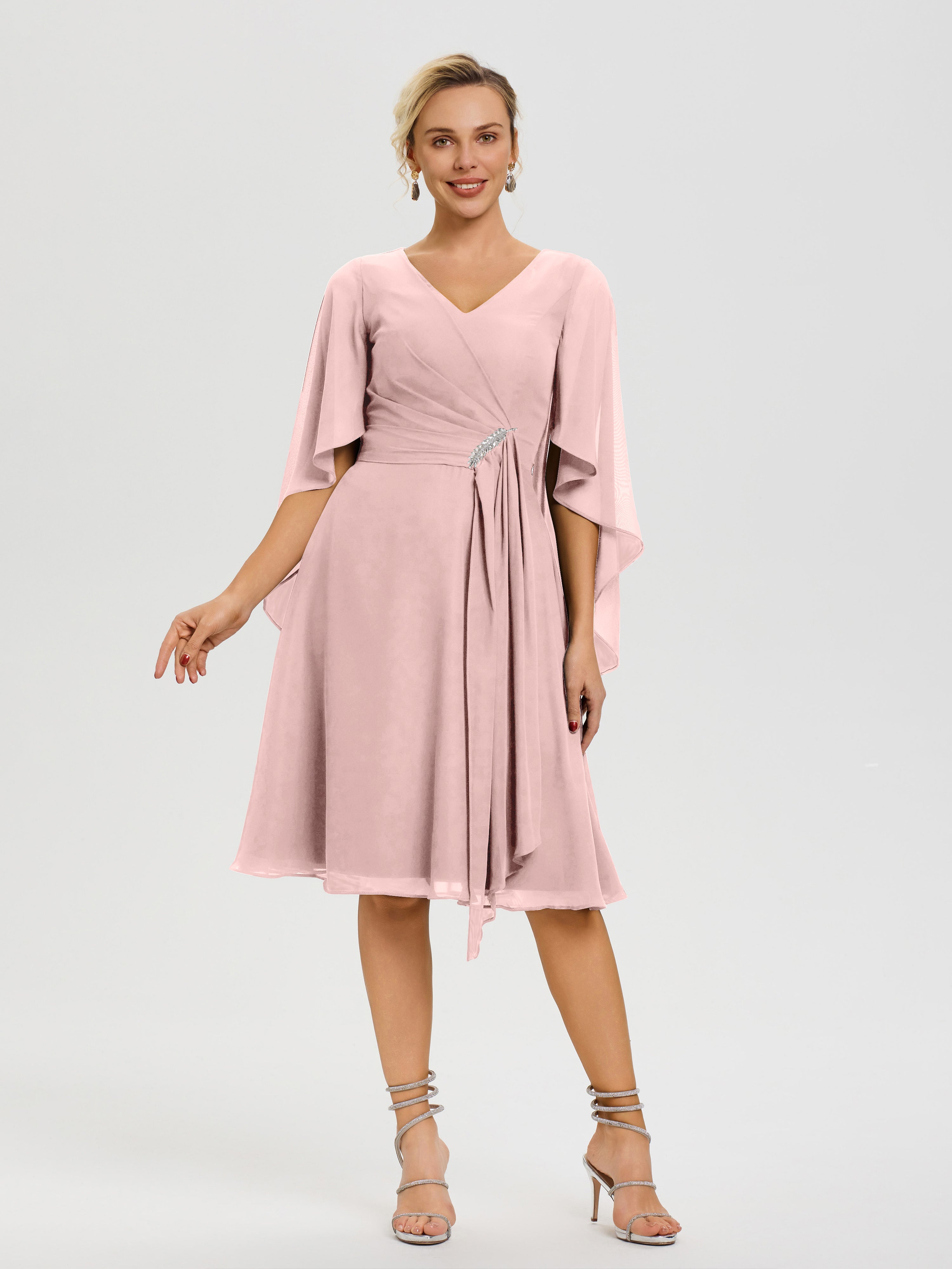 Robe Mere Dela Mariee Rose Poudré Manches Asymétrique Col V Mousseline Robe Mère Marié