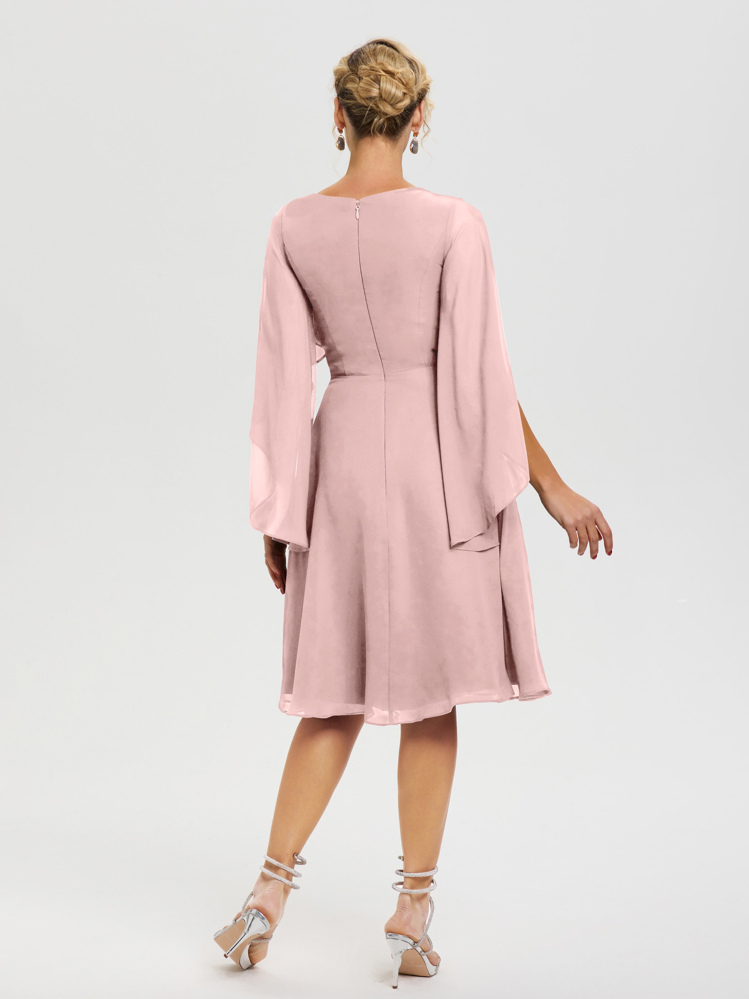 Robe Mere Dela Mariee Rose Poudré Manches Asymétrique Col V Mousseline Robe Mère Marié