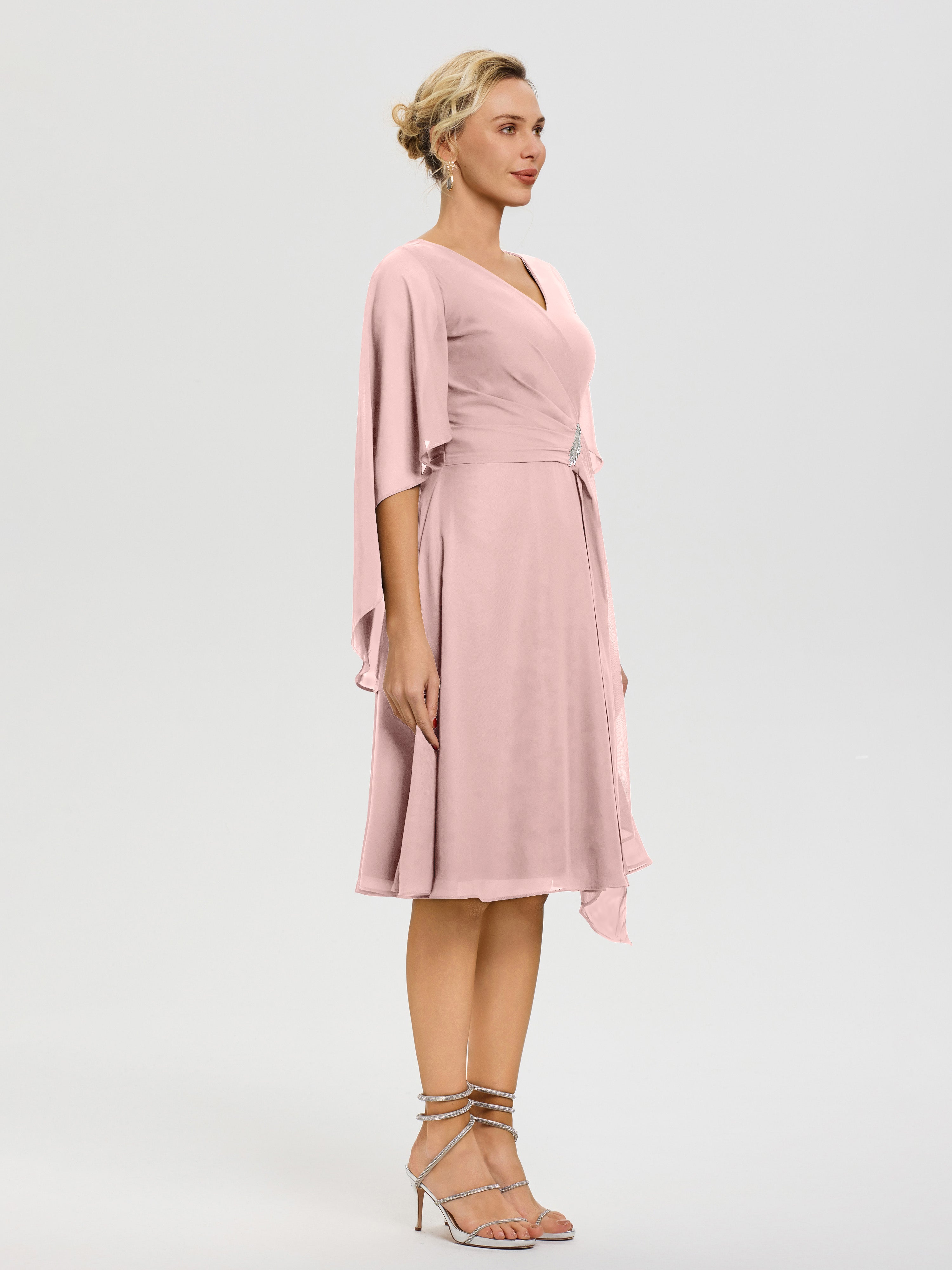 Robe Mere Dela Mariee Rose Poudré Manches Asymétrique Col V Mousseline Robe Mère Marié