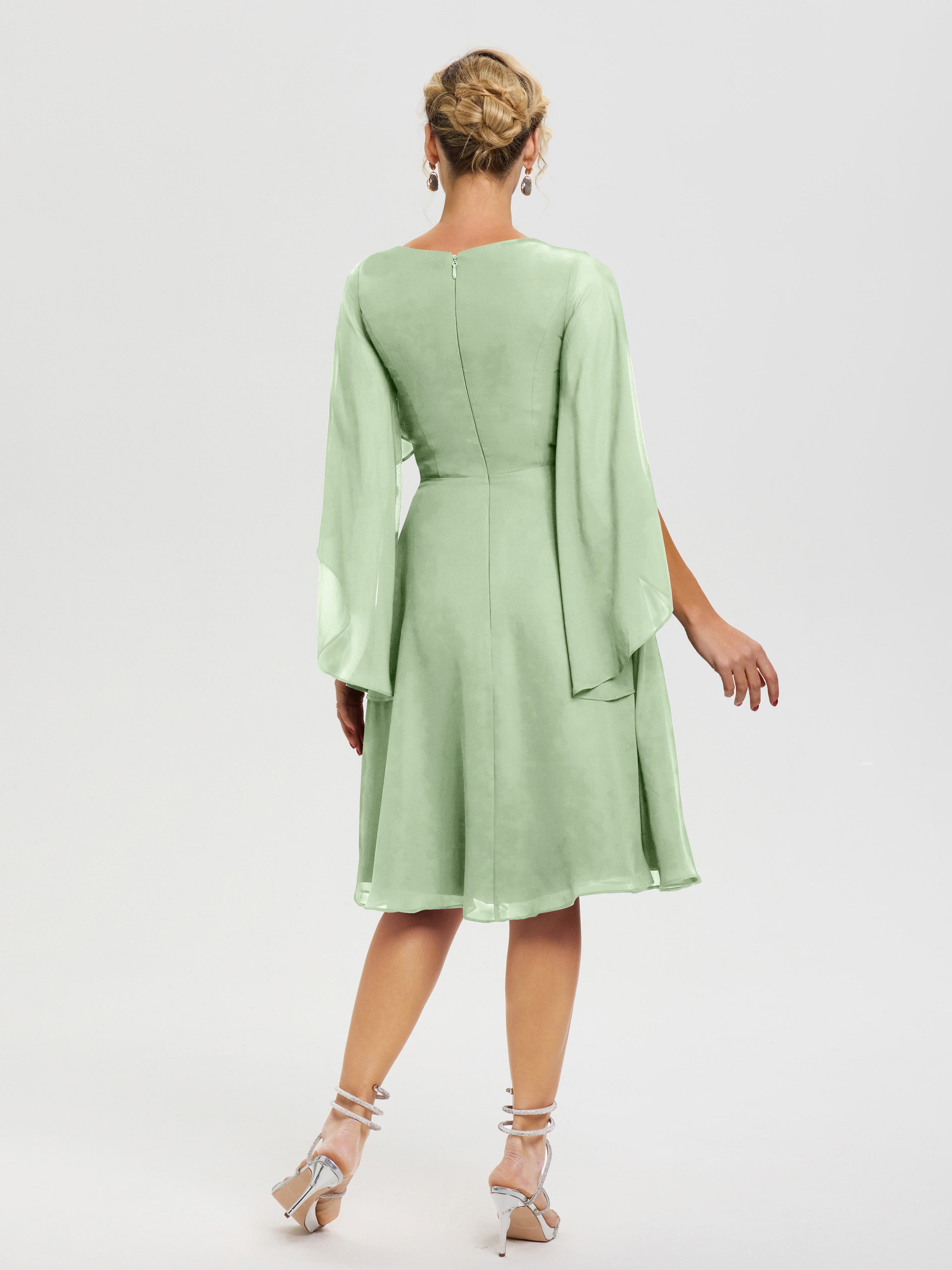 Robe Pour Mère De Mariée Sauge Poudrée Manches Asymétrique Col V Mousseline Robe Mère Marié