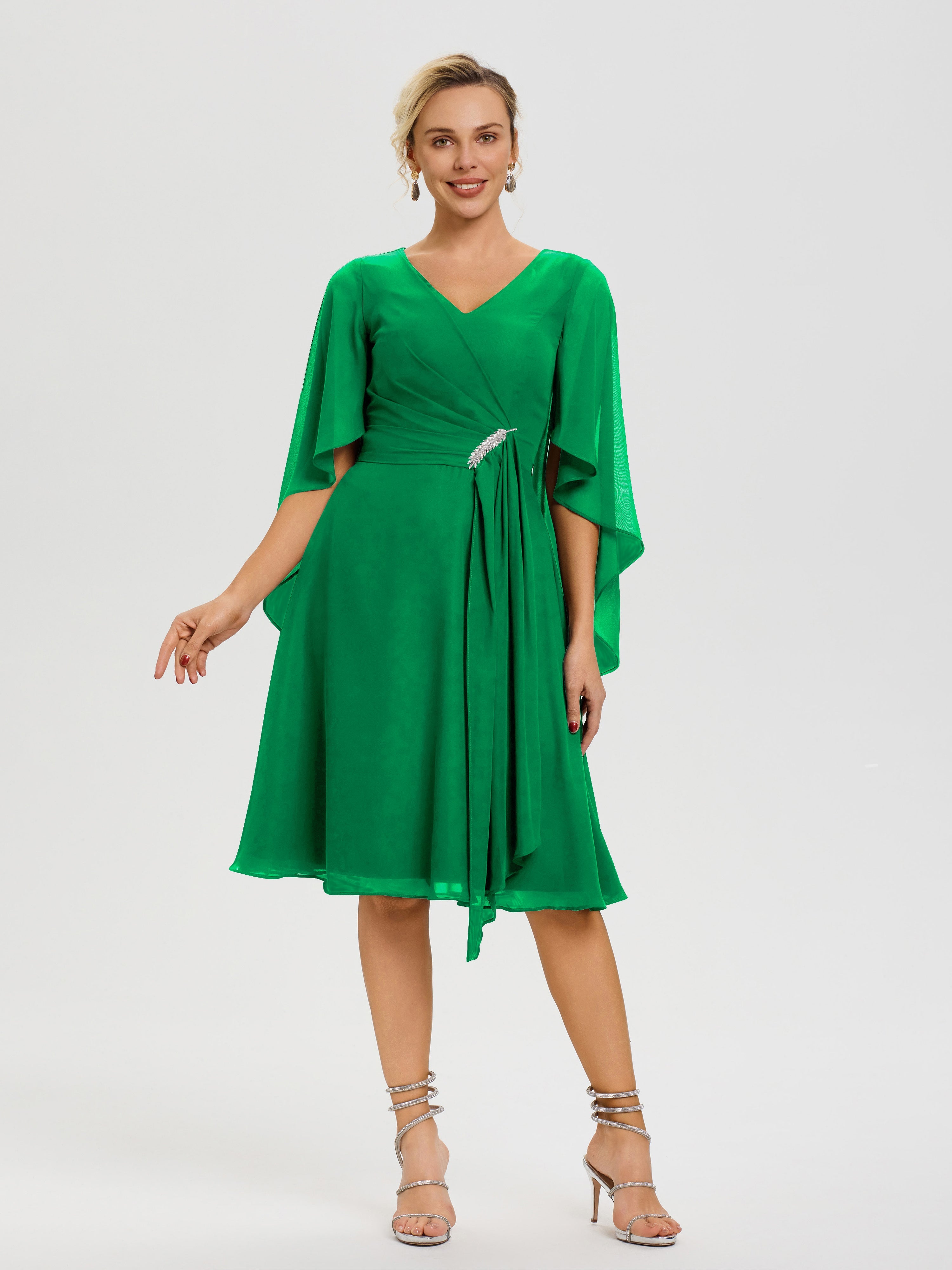 Robe De Cérémonie Mère Du Marié Emeraude Manches Asymétrique Col V Mousseline Robe Mère Marié