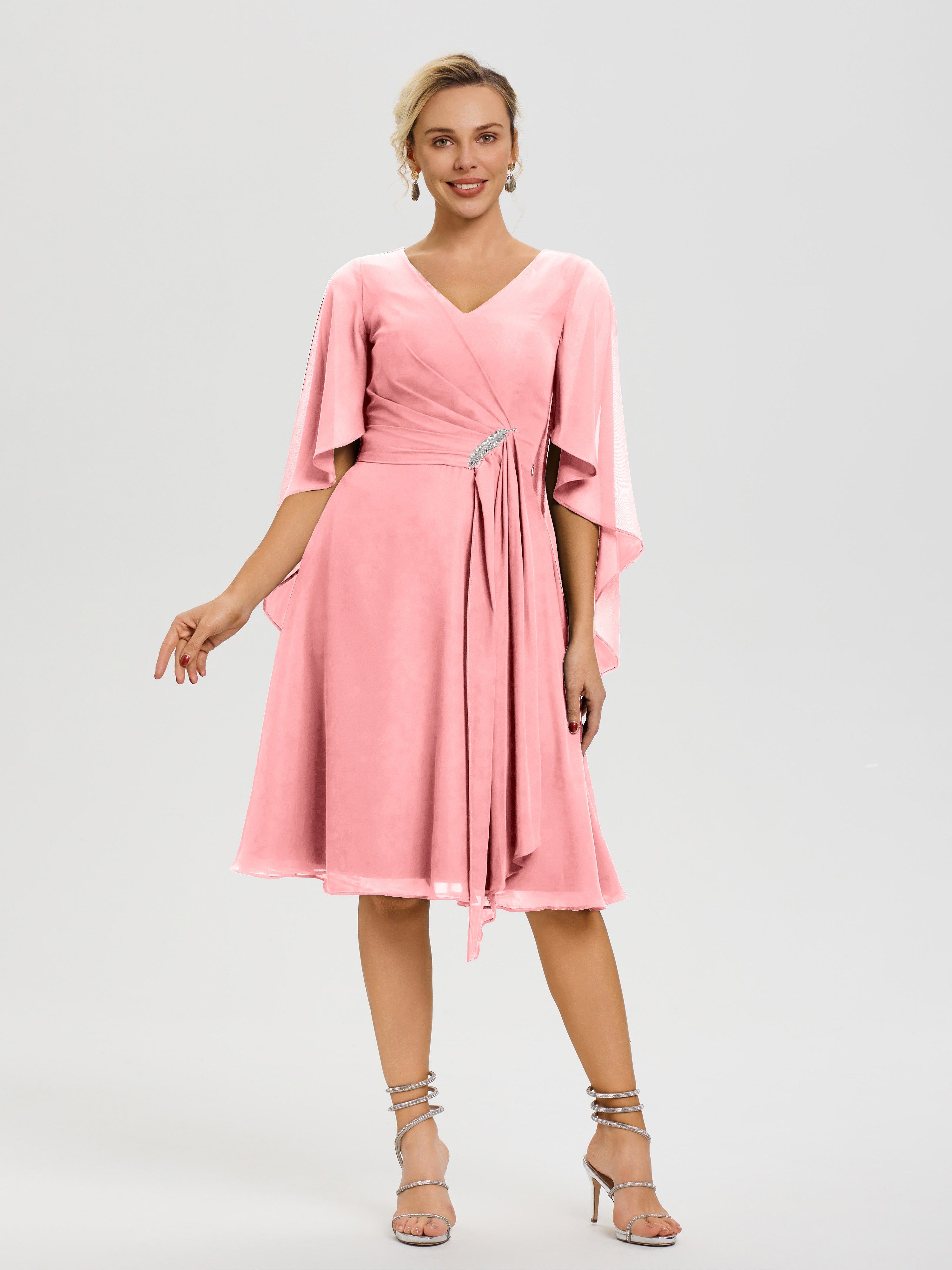Robe De Cérémonie Mère Du Marié Flamant Manches Asymétrique Col V Mousseline Robe Mère Marié