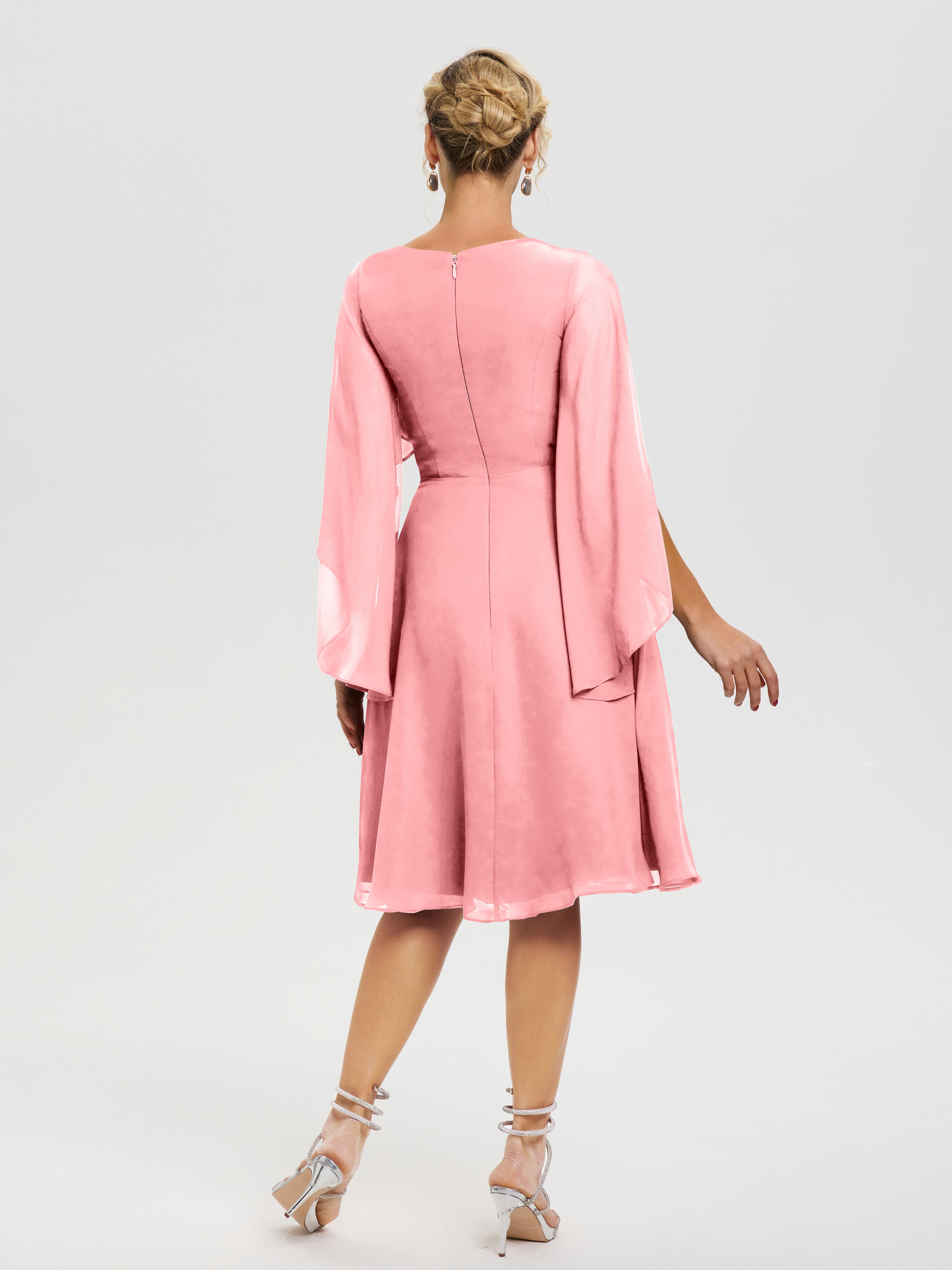 Robe De Cérémonie Mère Du Marié Flamant Manches Asymétrique Col V Mousseline Robe Mère Marié