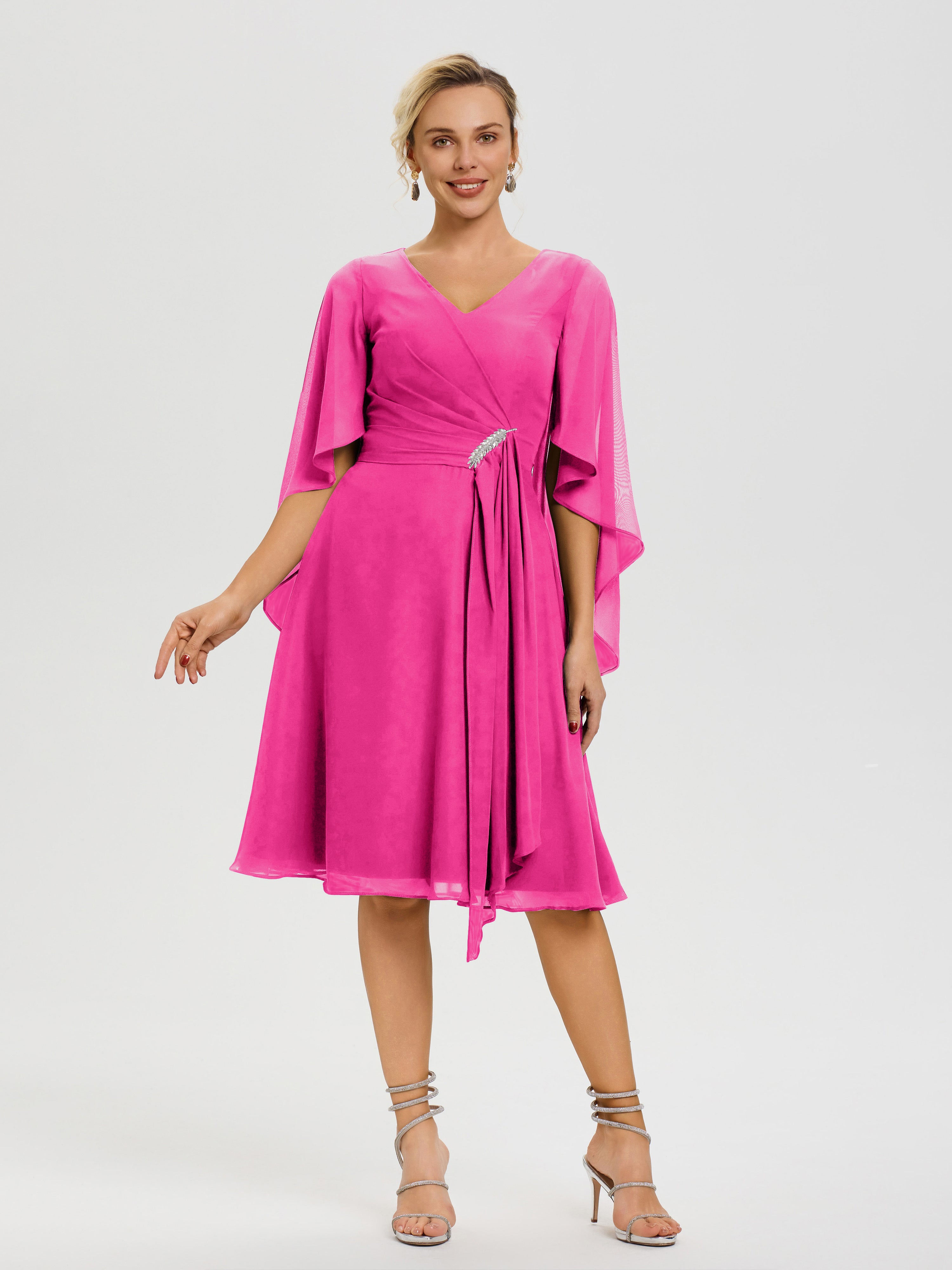 Robe Mere Dela Mariee Fuchsia Manches Asymétrique Col V Mousseline Robe Mère Marié