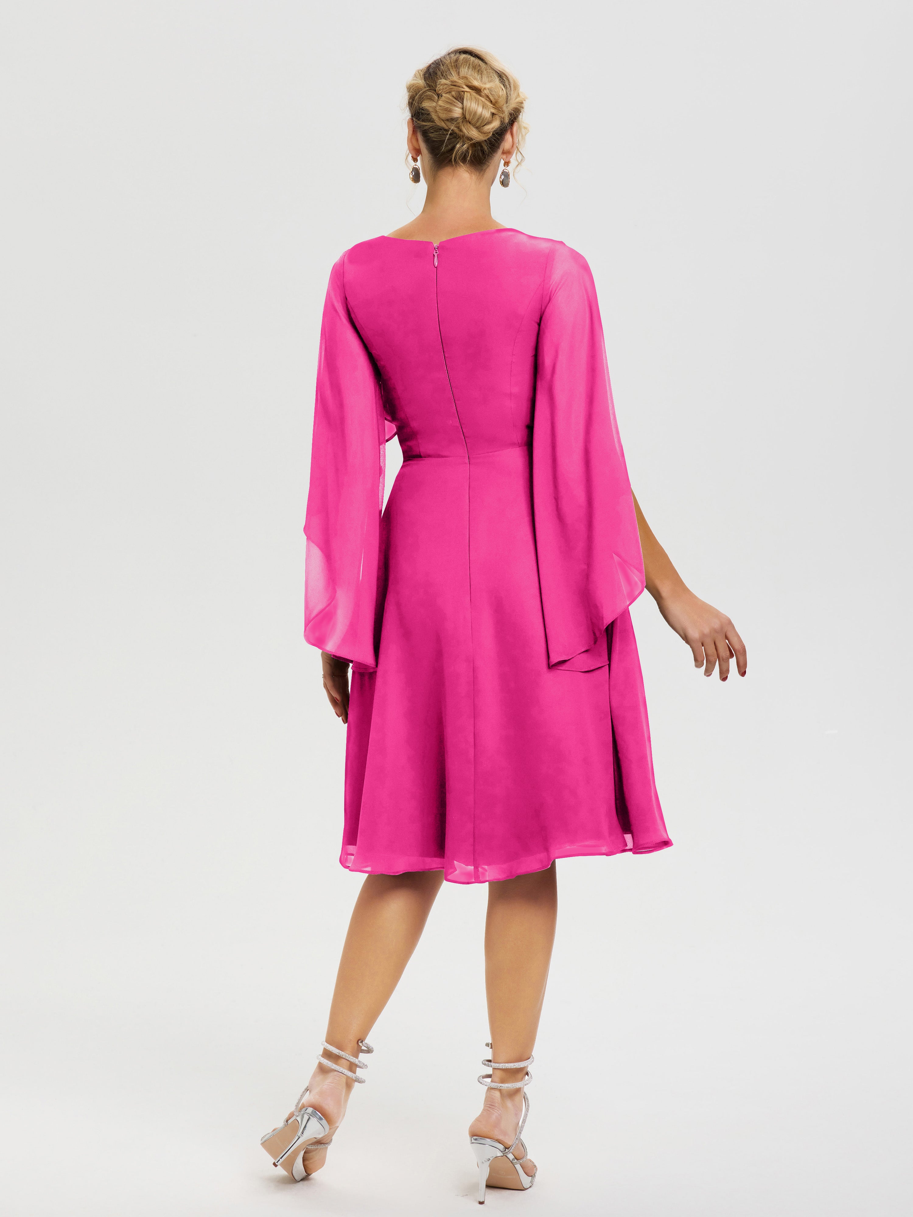 Robe Mere Dela Mariee Fuchsia Manches Asymétrique Col V Mousseline Robe Mère Marié