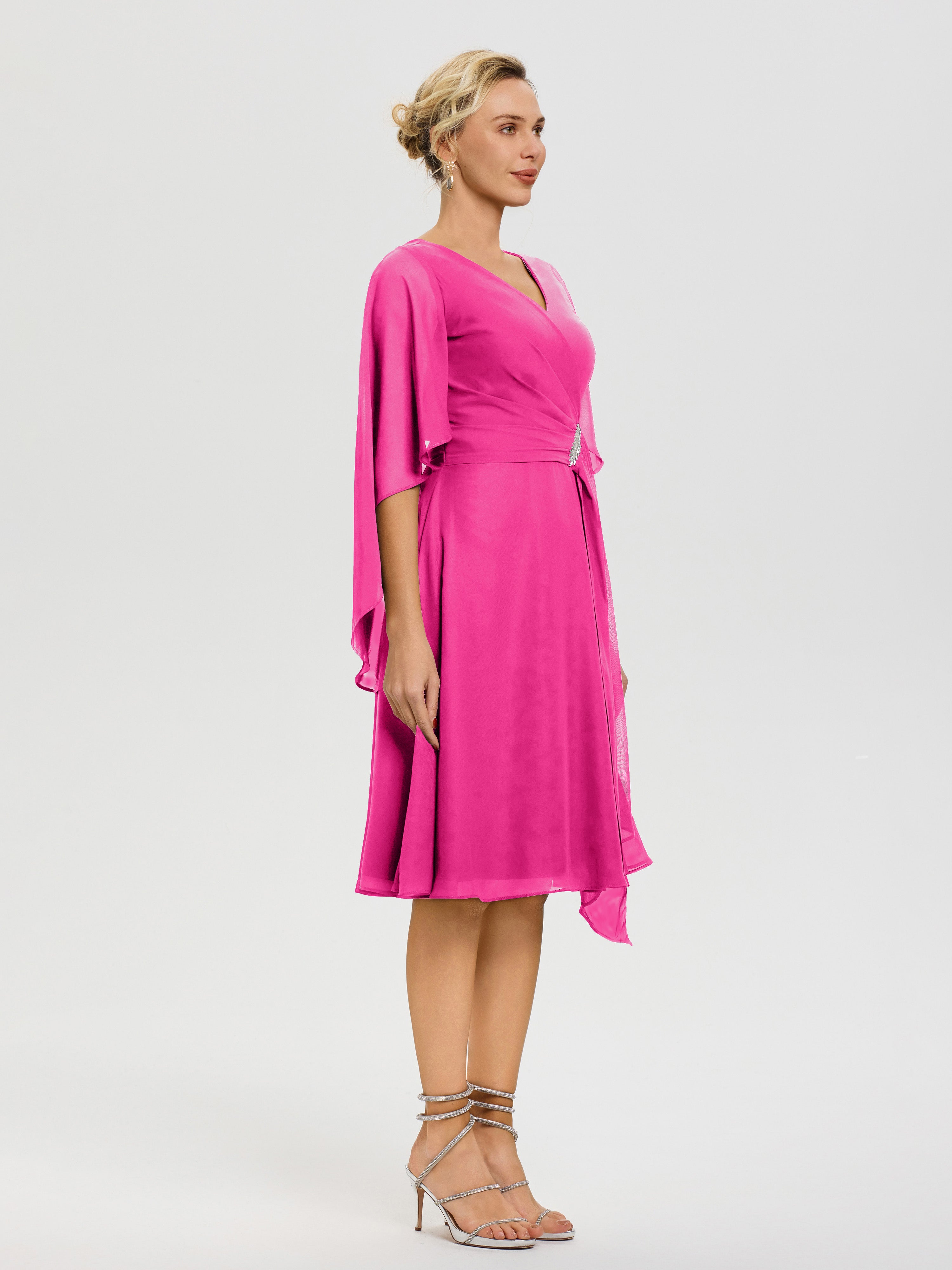 Robe Mere Dela Mariee Fuchsia Manches Asymétrique Col V Mousseline Robe Mère Marié
