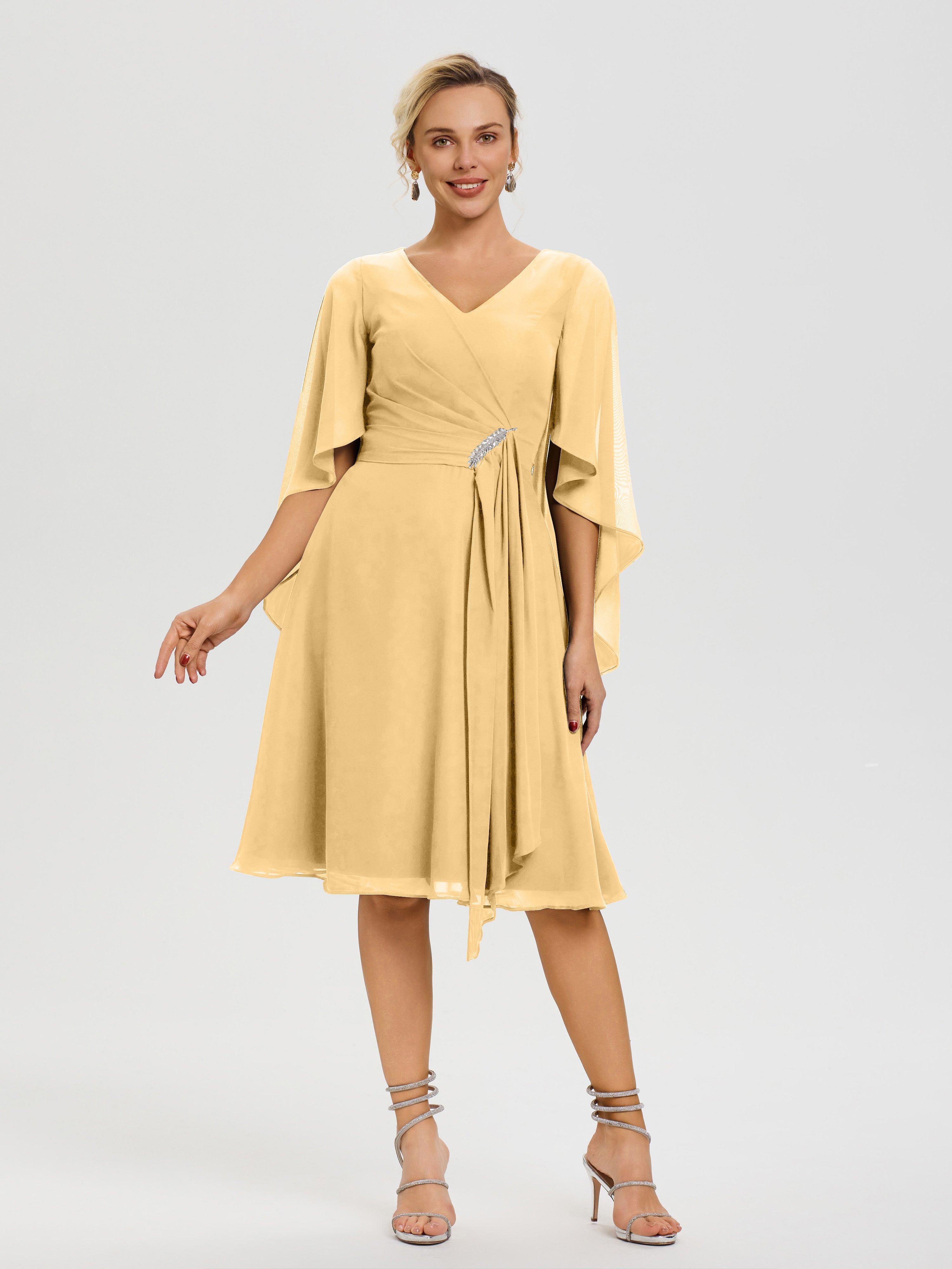 Robe Pour La Mère Du Marié Or Manches Asymétrique Col V Mousseline Robe Mère Marié