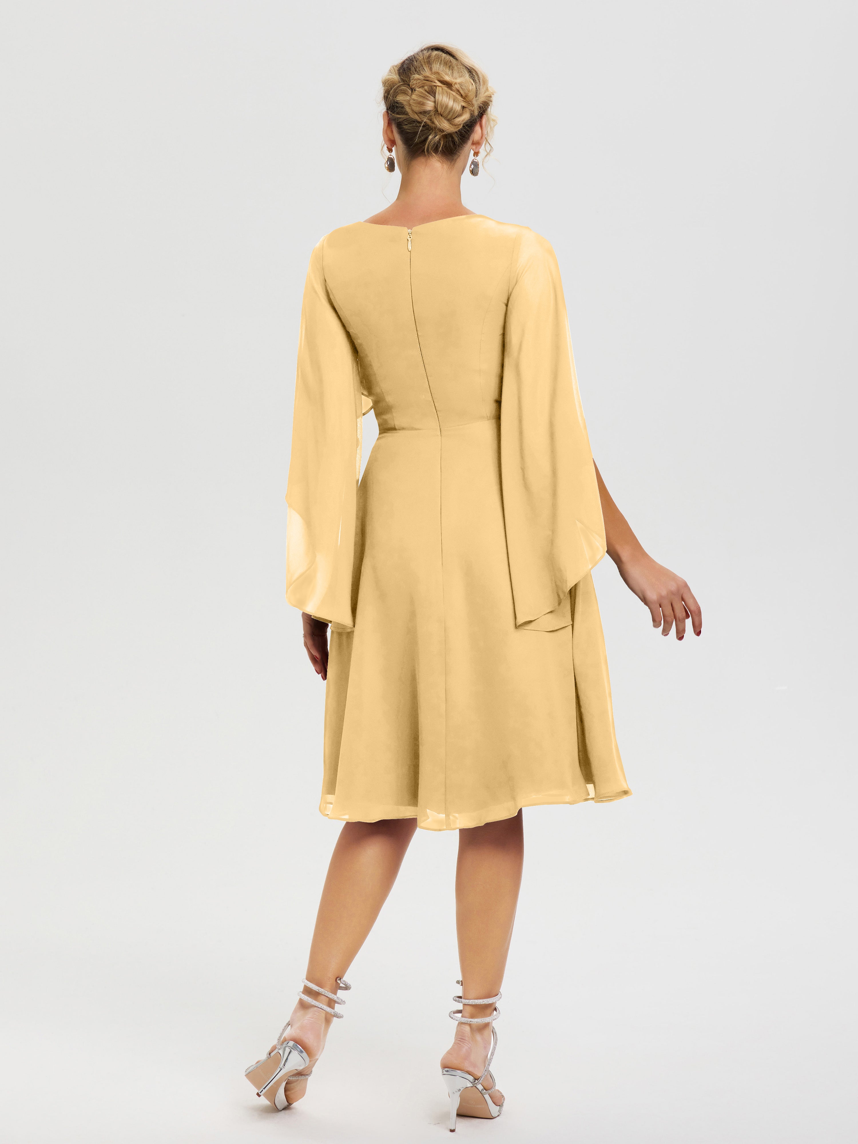 Robe Pour La Mère Du Marié Or Manches Asymétrique Col V Mousseline Robe Mère Marié