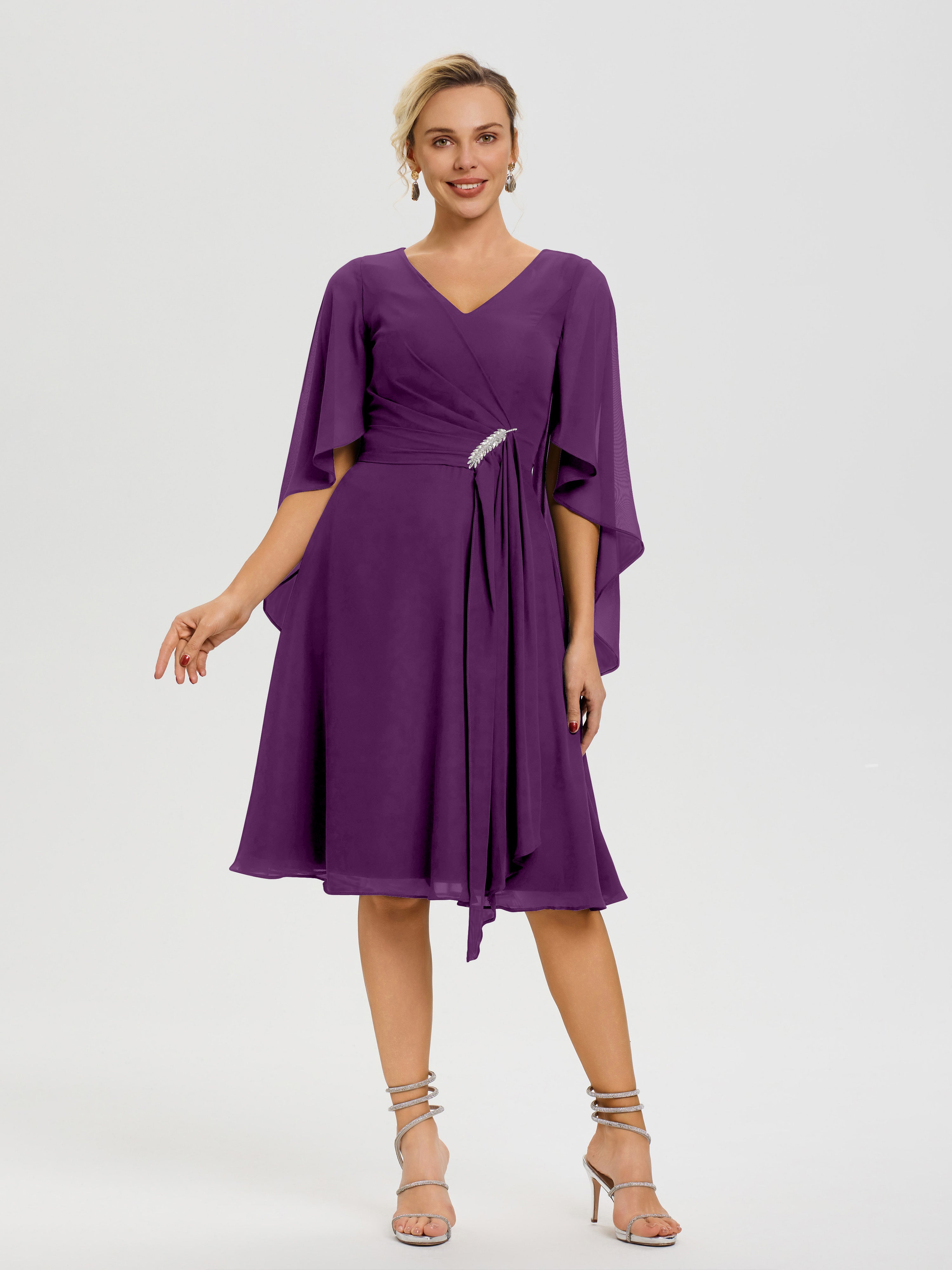 Robe Pour La Mère Du Marié Raisin Manches Asymétrique Col V Mousseline Robe Mère Marié