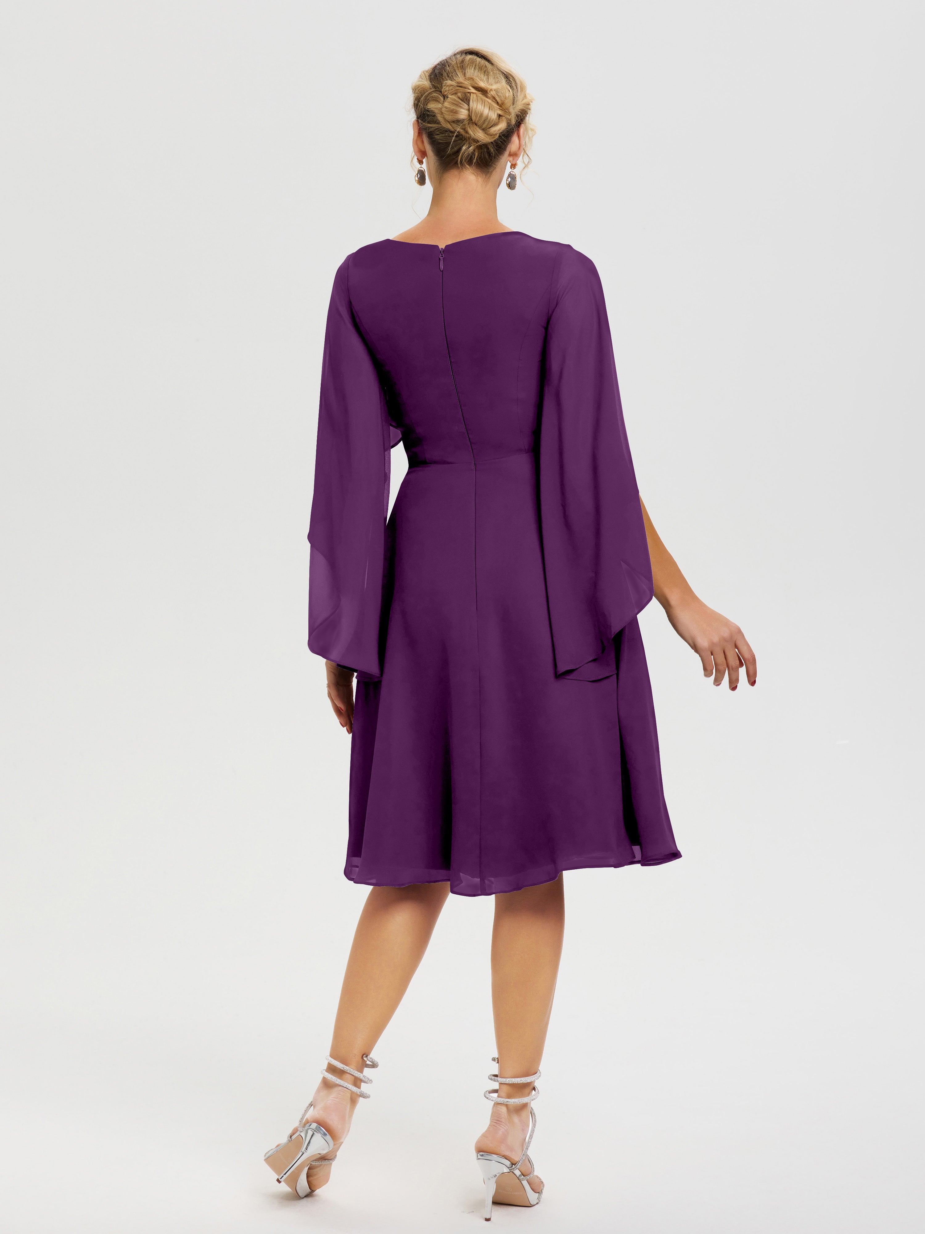 Robe Pour La Mère Du Marié Raisin Manches Asymétrique Col V Mousseline Robe Mère Marié