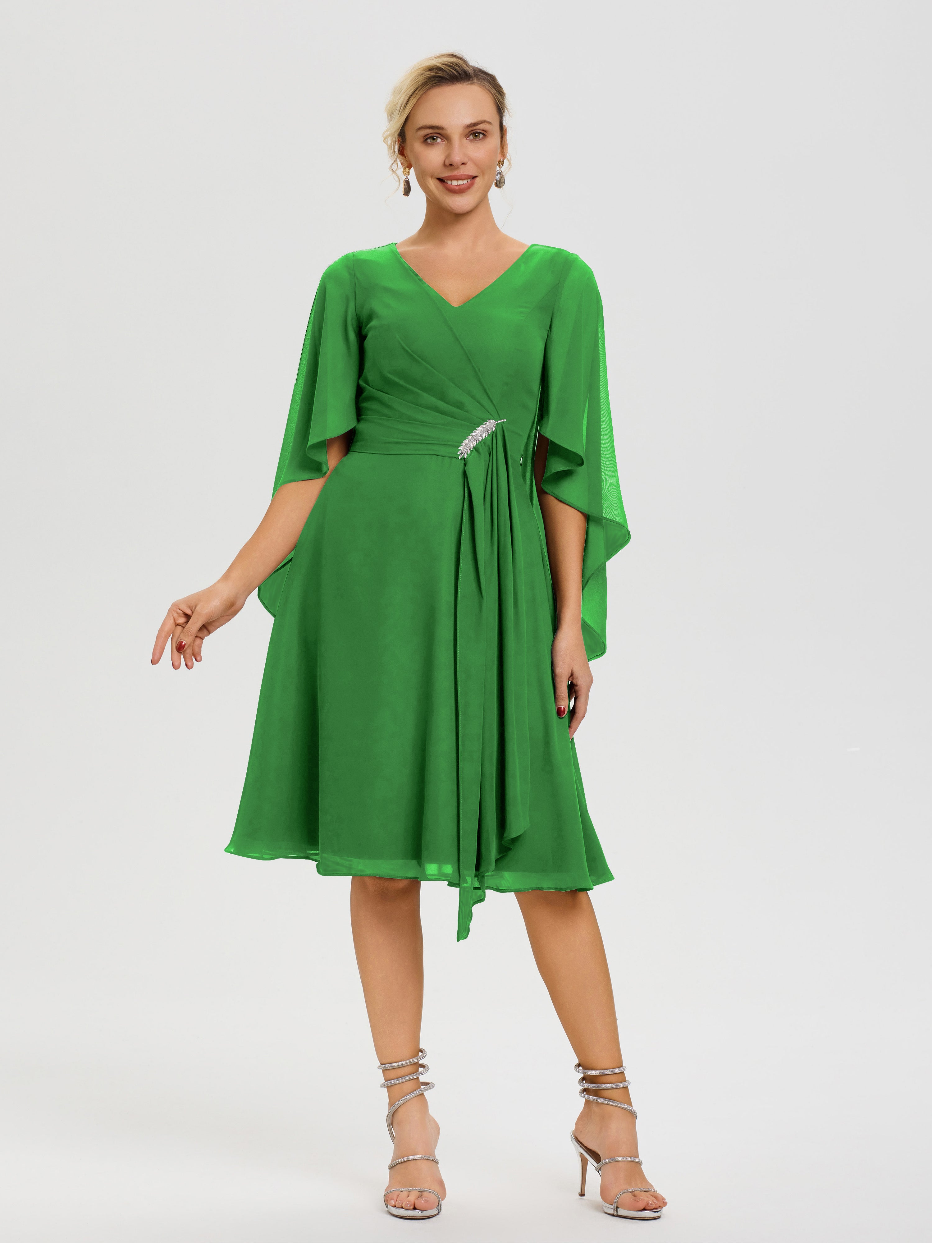 Robe De Mère De Mariée Vert Manches Asymétrique Col V Mousseline Robe Mère Marié