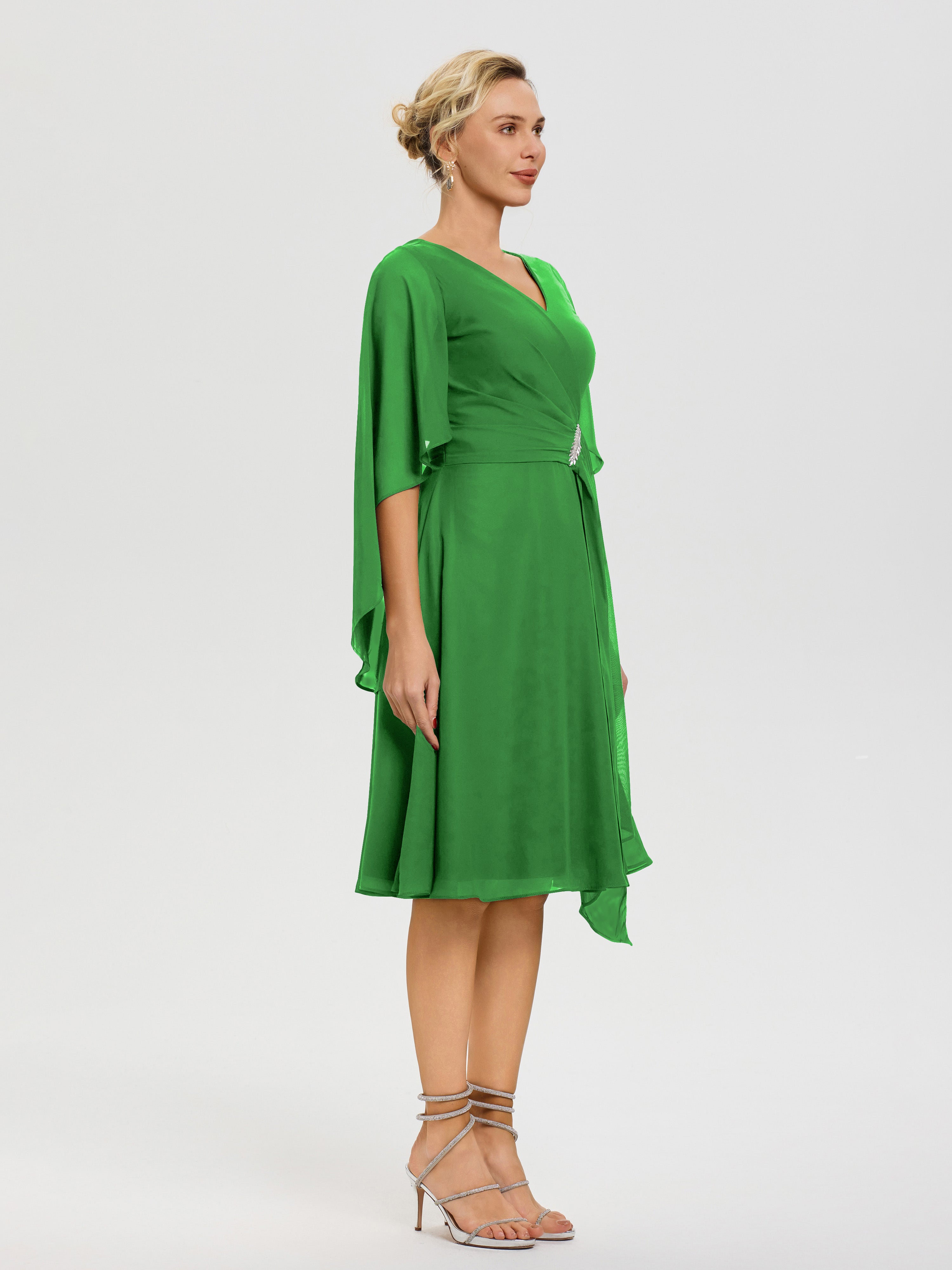Robe De Mère De Mariée Vert Manches Asymétrique Col V Mousseline Robe Mère Marié